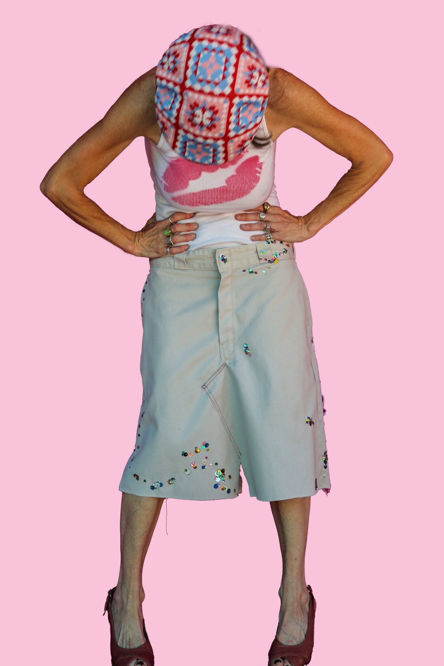 Driving Questions in the Landscape Tan Knee-Length Skirt W/Multi-Colored Sequins