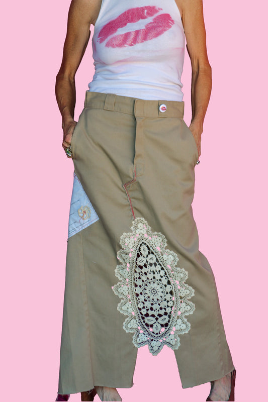#20 The Other Heaven/#26 The Picture Tan Maxi Skirt W/Crochet Lace Inset & Flowers