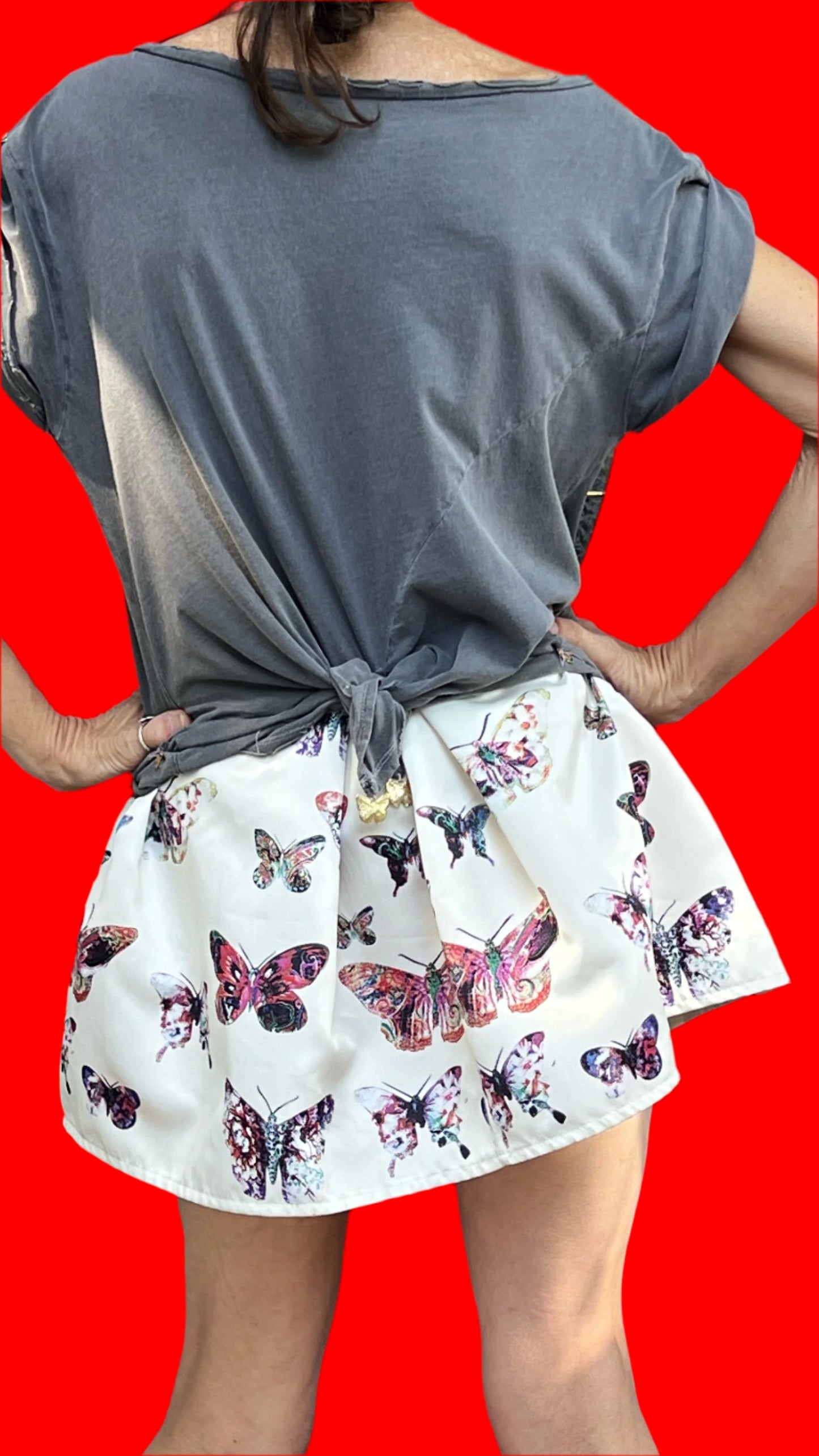 Dolly Parton Grey Distressed, Washed -Out, Scoop-Neck/Off Shoulder, Full, Butterfly Taffeta, Cuffed,Short-Sleeve Minidress W/Butterfly Charms Everywhere