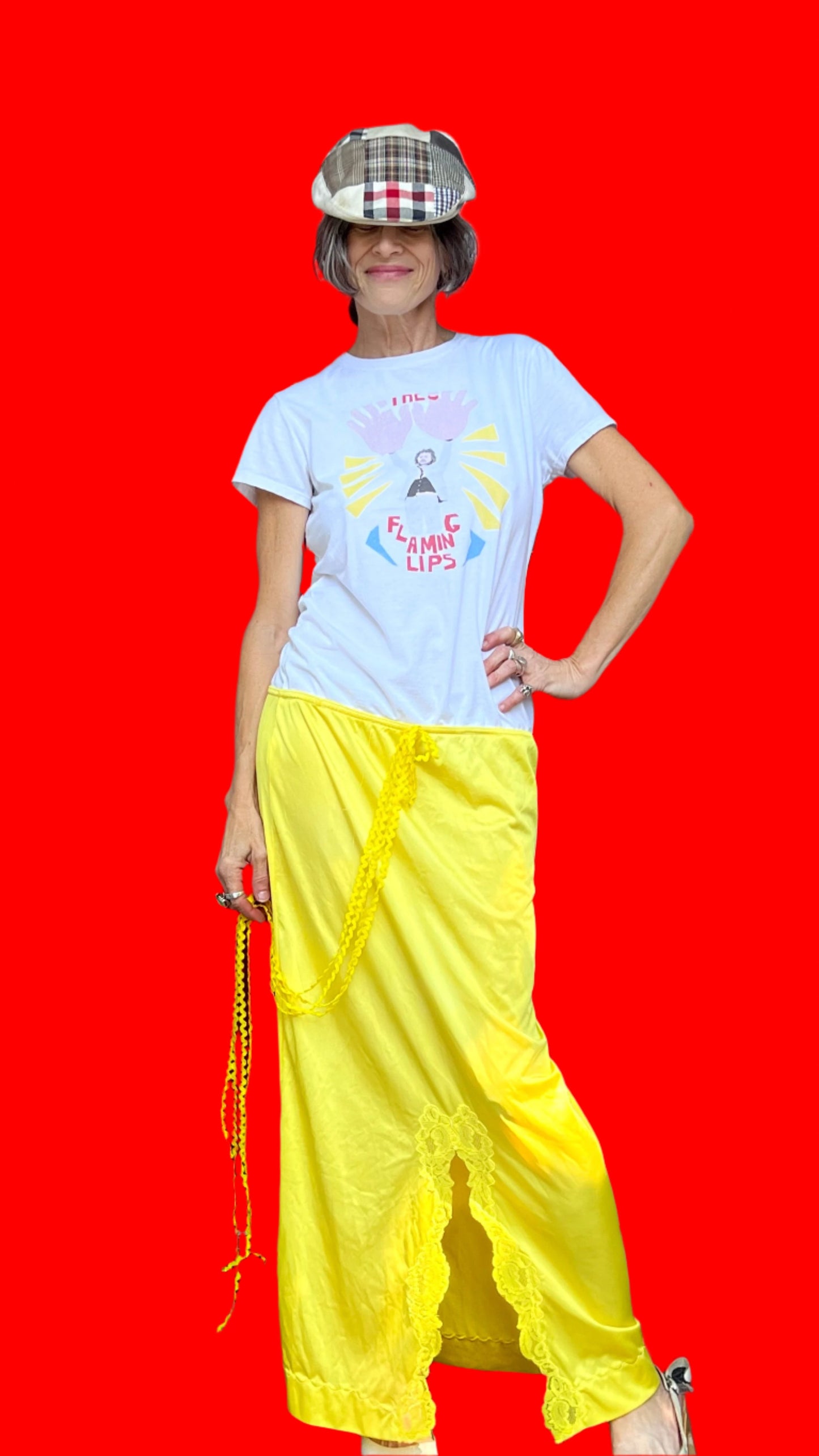 Flaming Lips Iconic Big Hands Maxi, Hand-Dyed Yellow, Short-Sleeve, Front Slit Slip Dress W/Yellow Ricrac Waist Tie