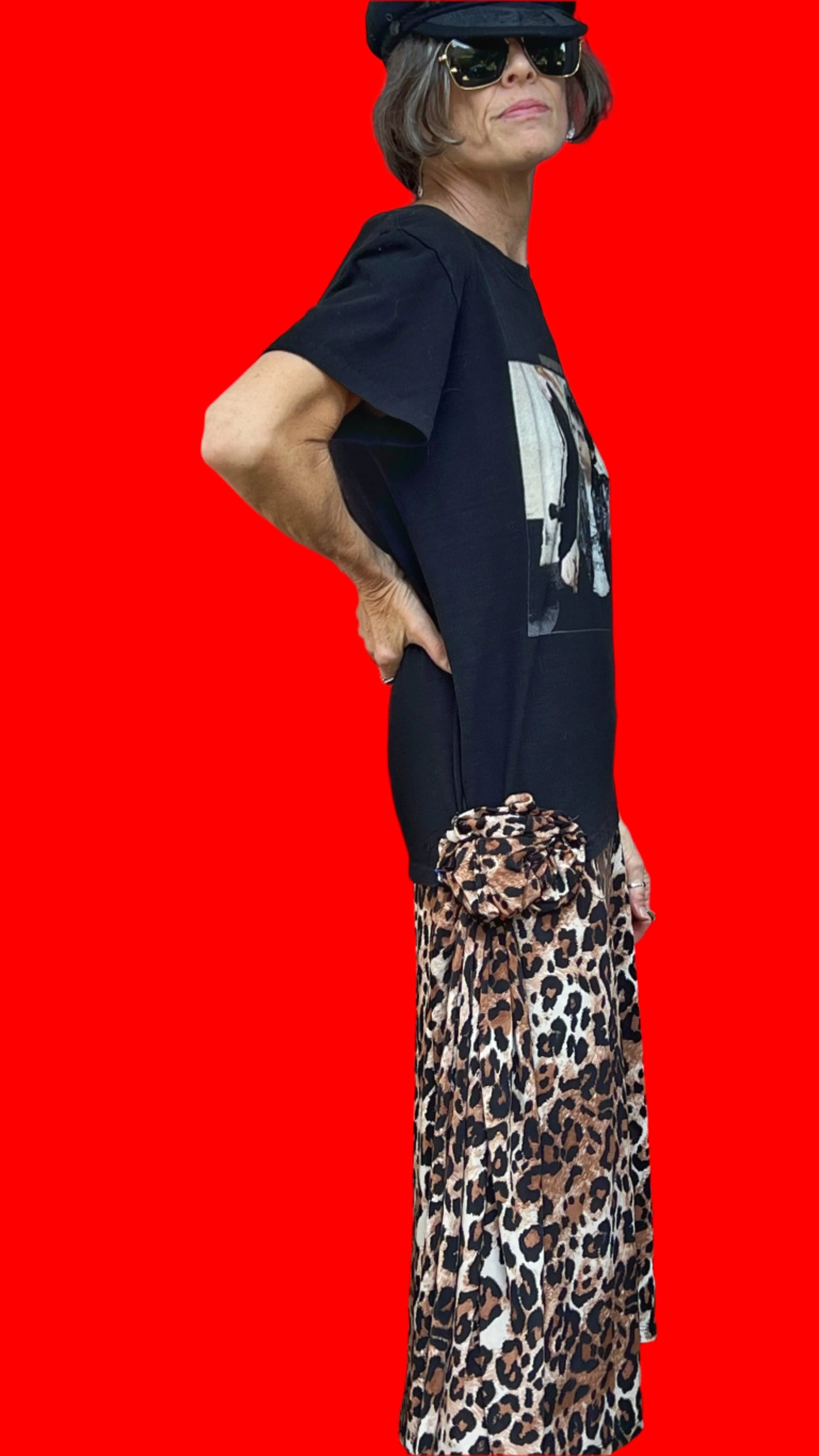 Black Bob Dylan Highway 61 Revisited Leopard Jersey Midi-Length Dress W/Gathered Flower On Hip