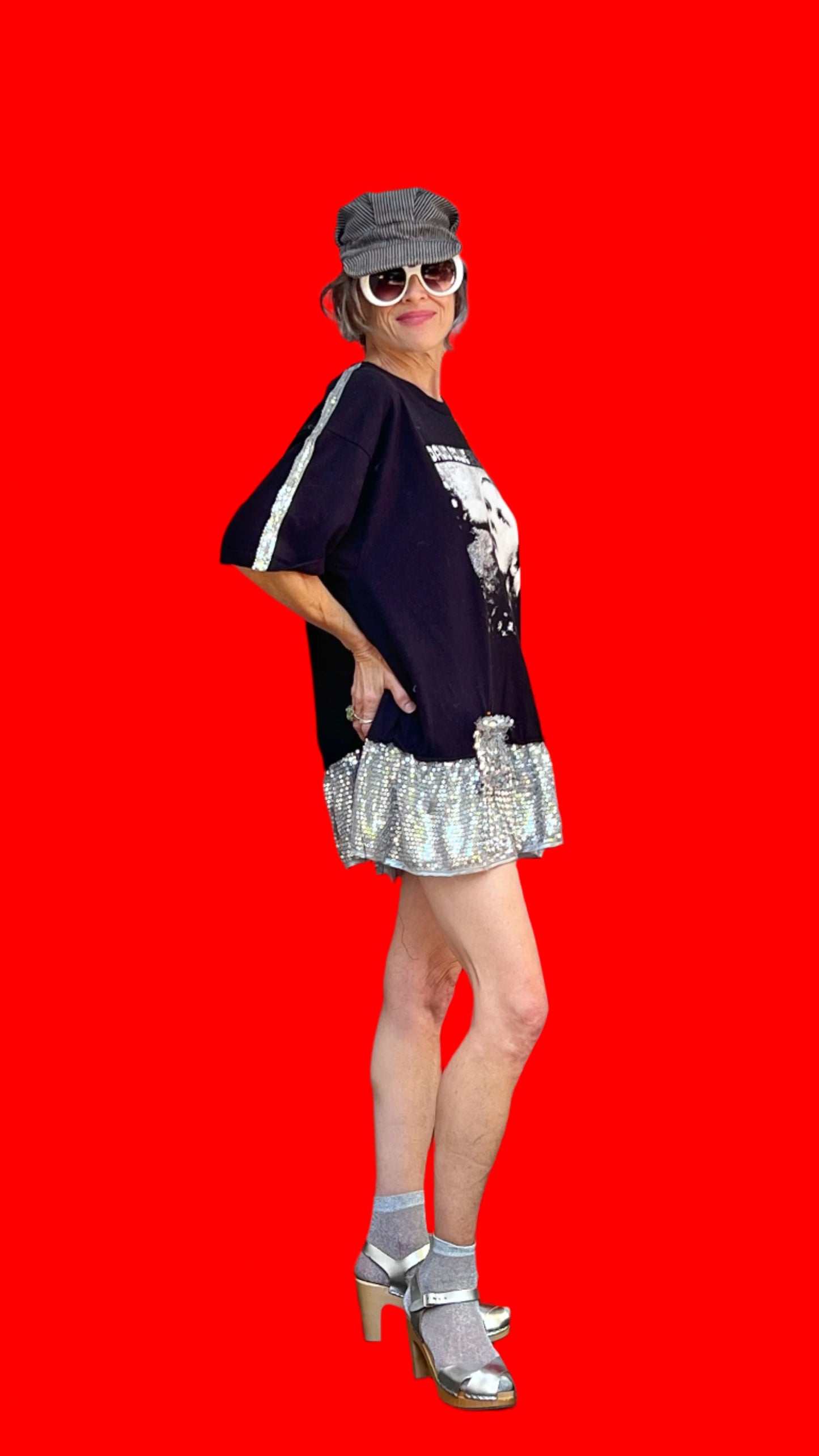 David Bowie Hunky Dory Black/Silver Sequin, Short-Sleeve Ruffled Minidress W/Attached Sequined Pouch