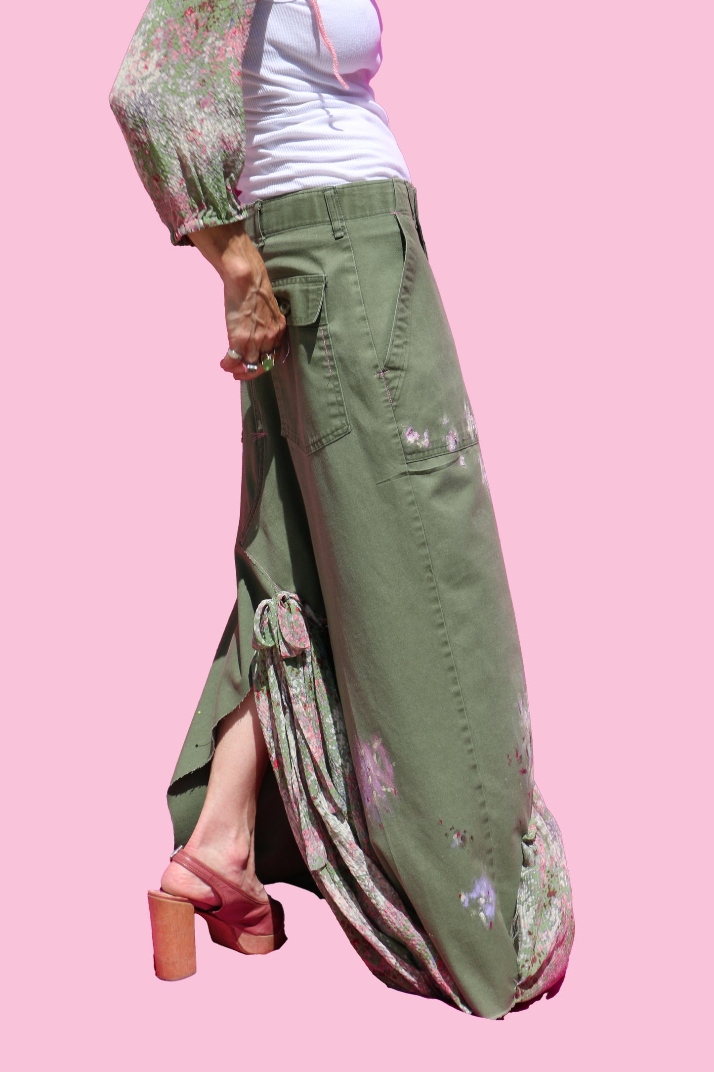 Vintage 70's Handpainted Army Pants W/Floral Silk Insert & Bow Detail in Back & Tank Top W/Matching Sleeves