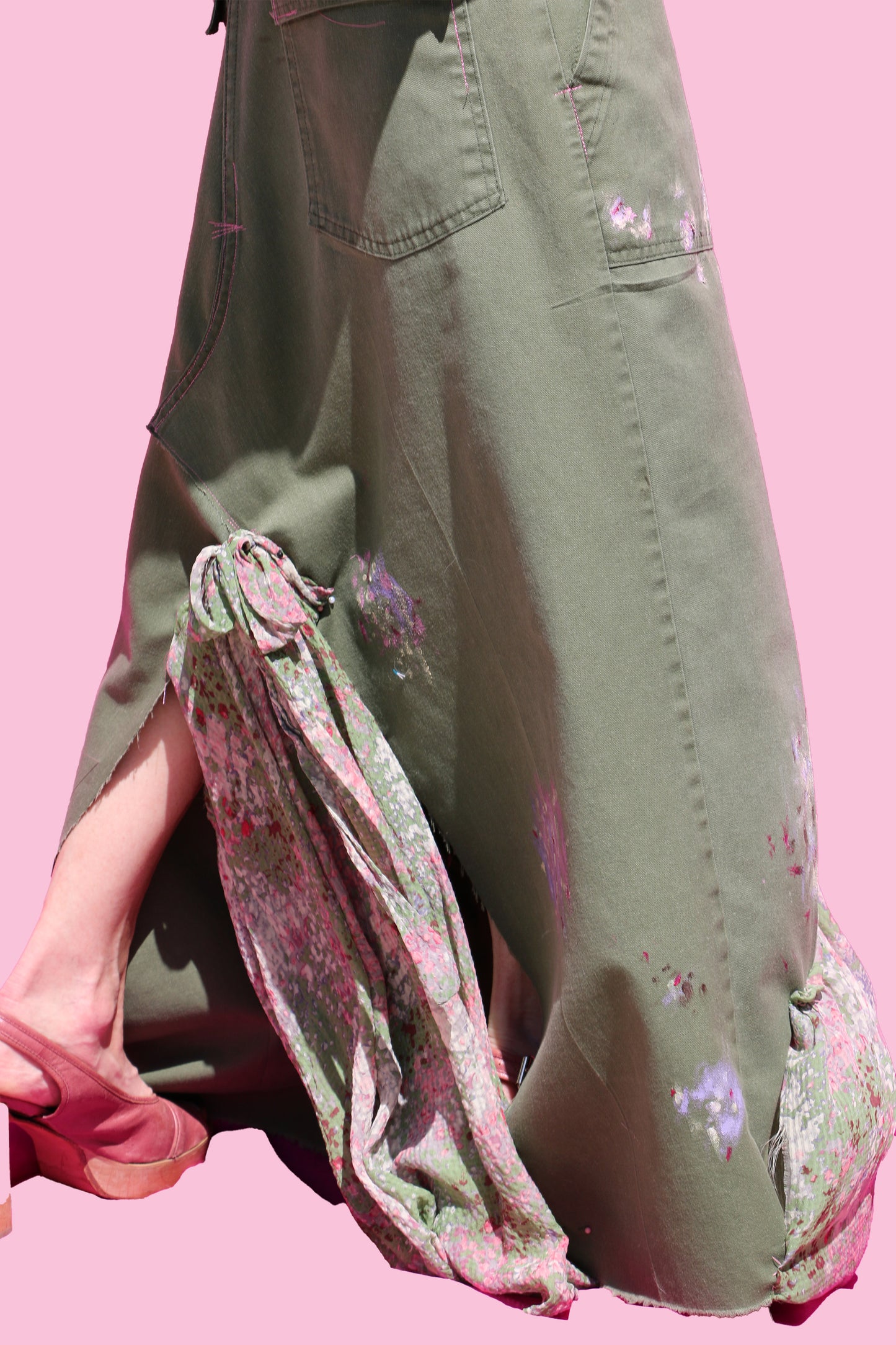 Vintage 70's Handpainted Army Pants W/Floral Silk Insert & Bow Detail in Back & Tank Top W/Matching Sleeves