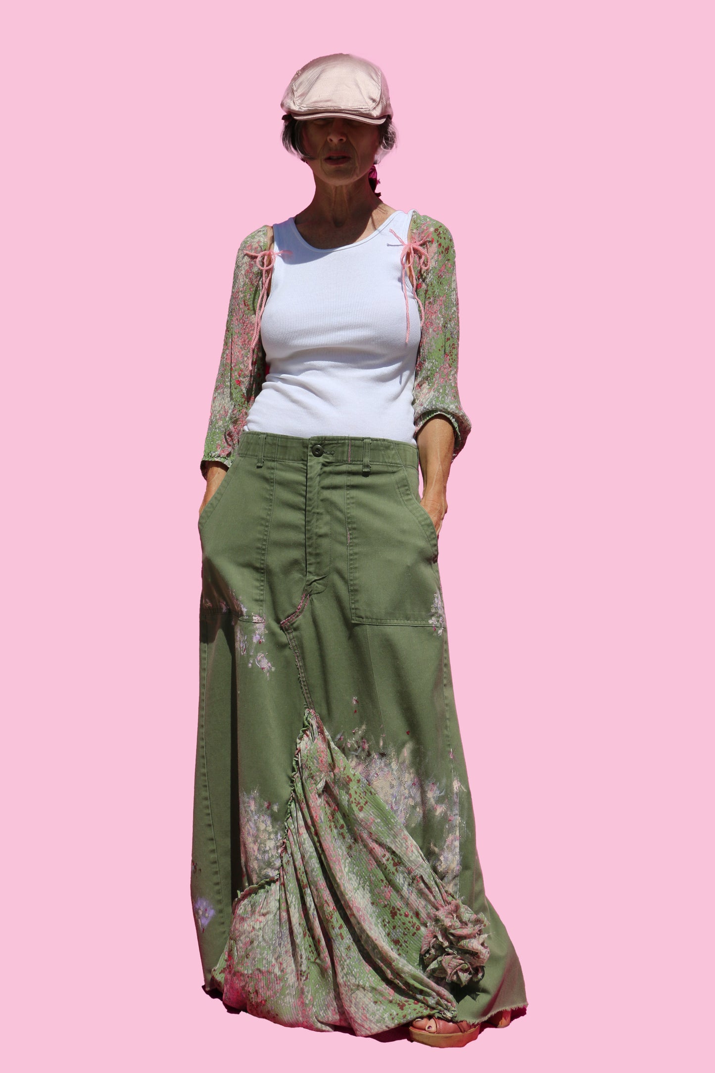 Vintage 70's Handpainted Army Pants W/Floral Silk Insert & Bow Detail in Back & Tank Top W/Matching Sleeves
