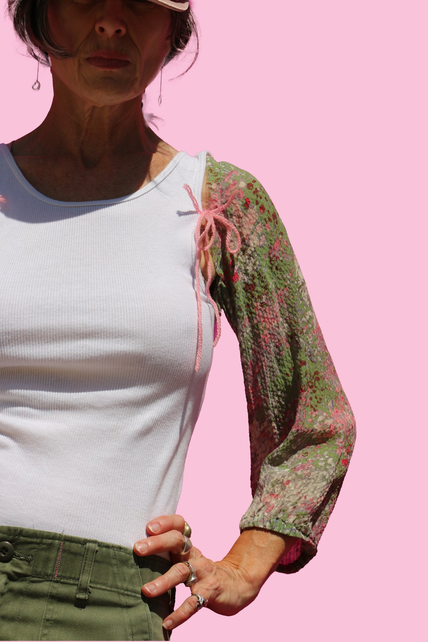 Vintage 70's Handpainted Army Pants W/Floral Silk Insert & Bow Detail in Back & Tank Top W/Matching Sleeves