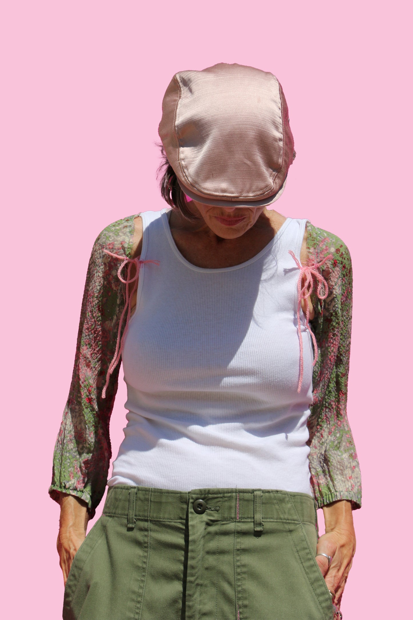 Vintage 70's Handpainted Army Pants W/Floral Silk Insert & Bow Detail in Back & Tank Top W/Matching Sleeves