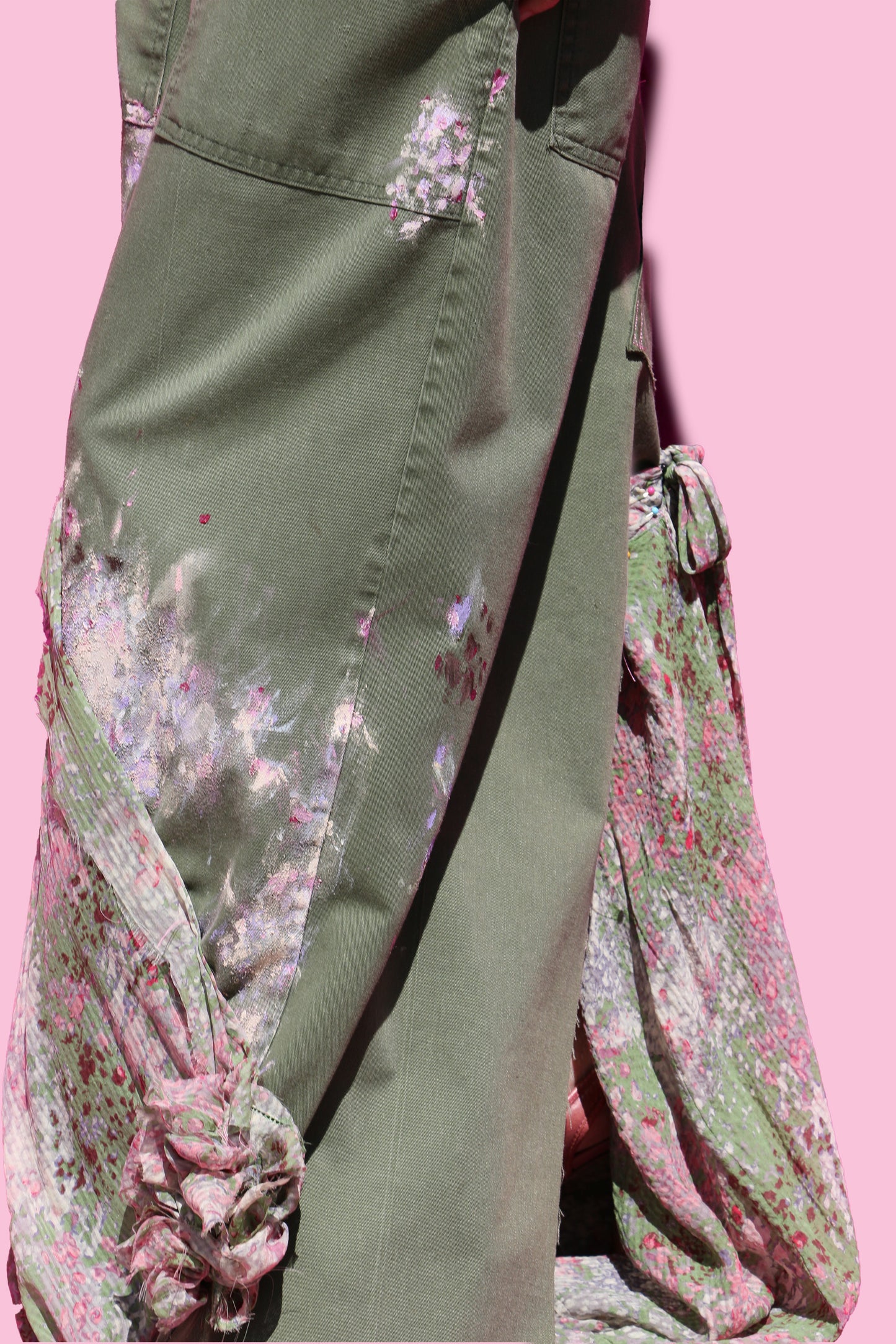 Vintage 70's Handpainted Army Pants W/Floral Silk Insert & Bow Detail in Back & Tank Top W/Matching Sleeves