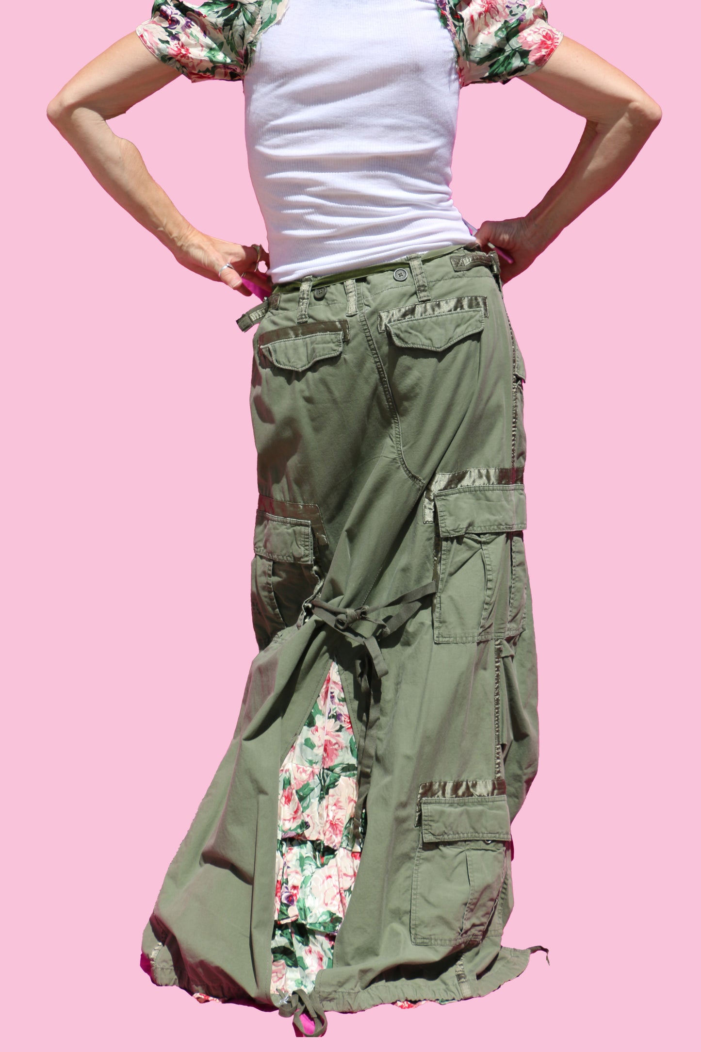 Army Green Cargo Maxi Skirt W/Silk Floral Ruffled Underskirt & Matching Tank W/Matching Silk Floral Sleeves & Handmade Flower