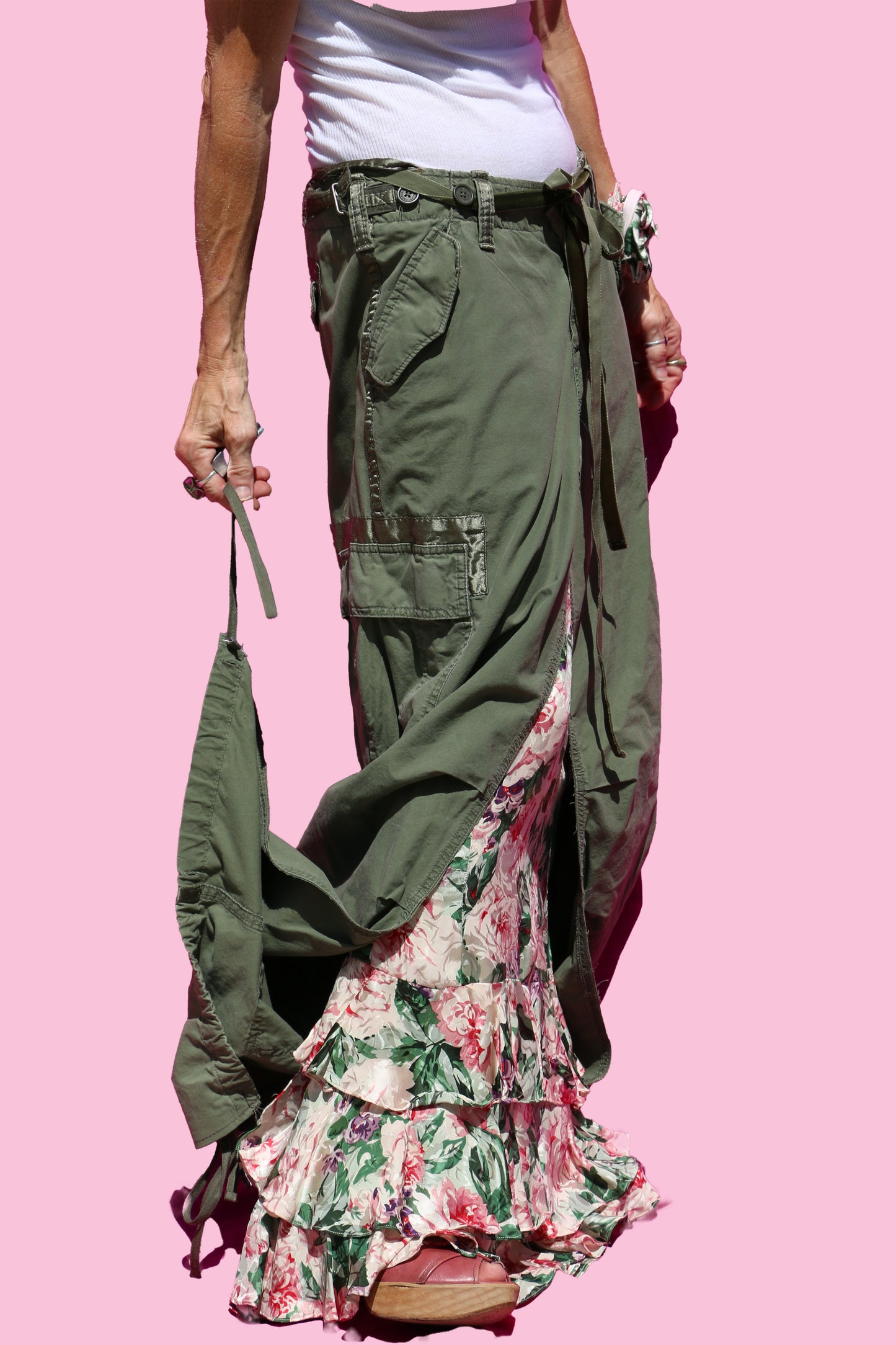 Army Green Cargo Maxi Skirt W/Silk Floral Ruffled Underskirt & Matching Tank W/Matching Silk Floral Sleeves & Handmade Flower