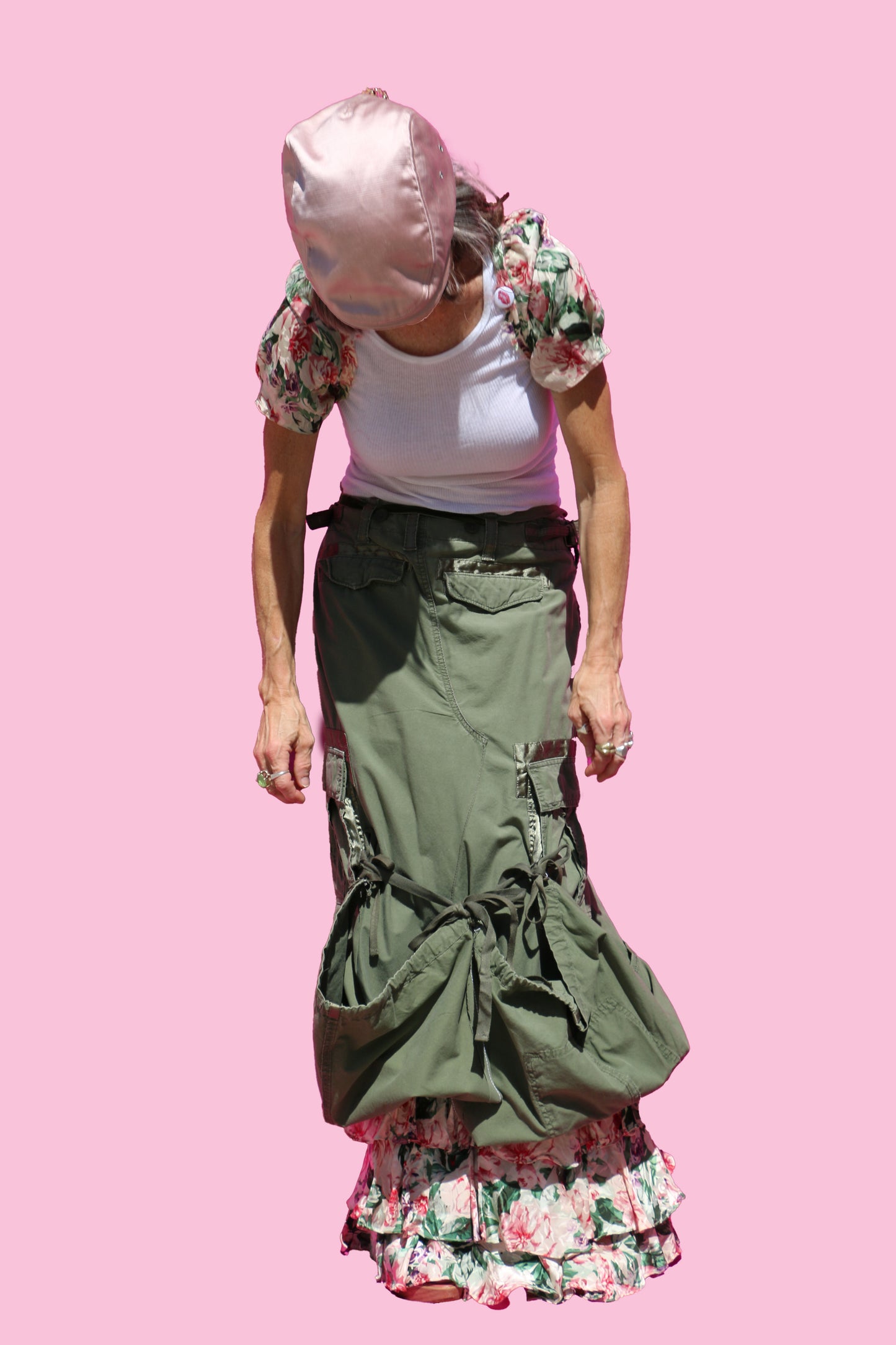Army Green Cargo Maxi Skirt W/Silk Floral Ruffled Underskirt & Matching Tank W/Matching Silk Floral Sleeves & Handmade Flower