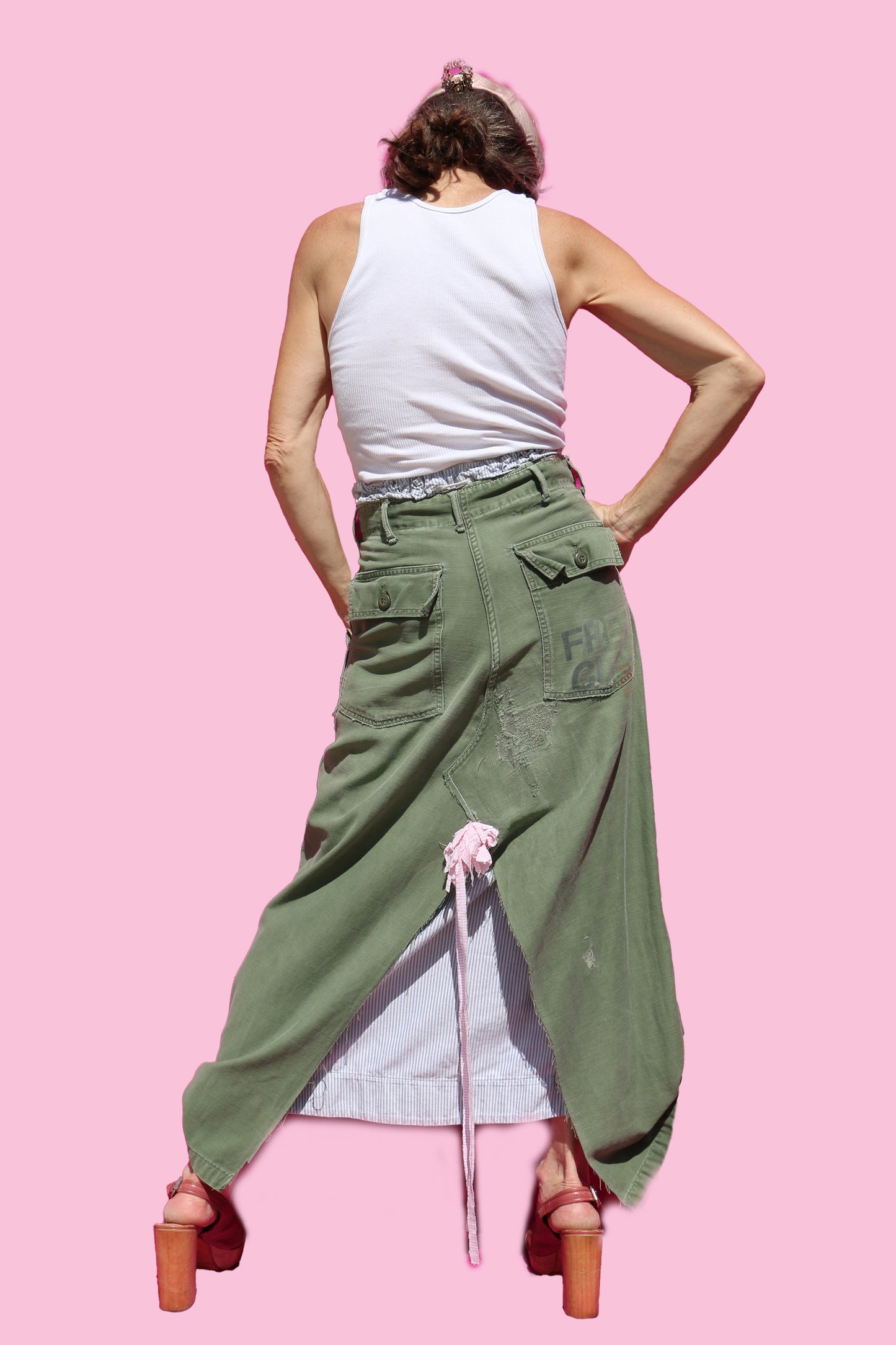 Vintage 70's Moleskin Army Pants Maxi Skirt W/Blue& White Stripe Drawstring Waist Underskirt & Handmade Pink & White Stripe Flower on Back