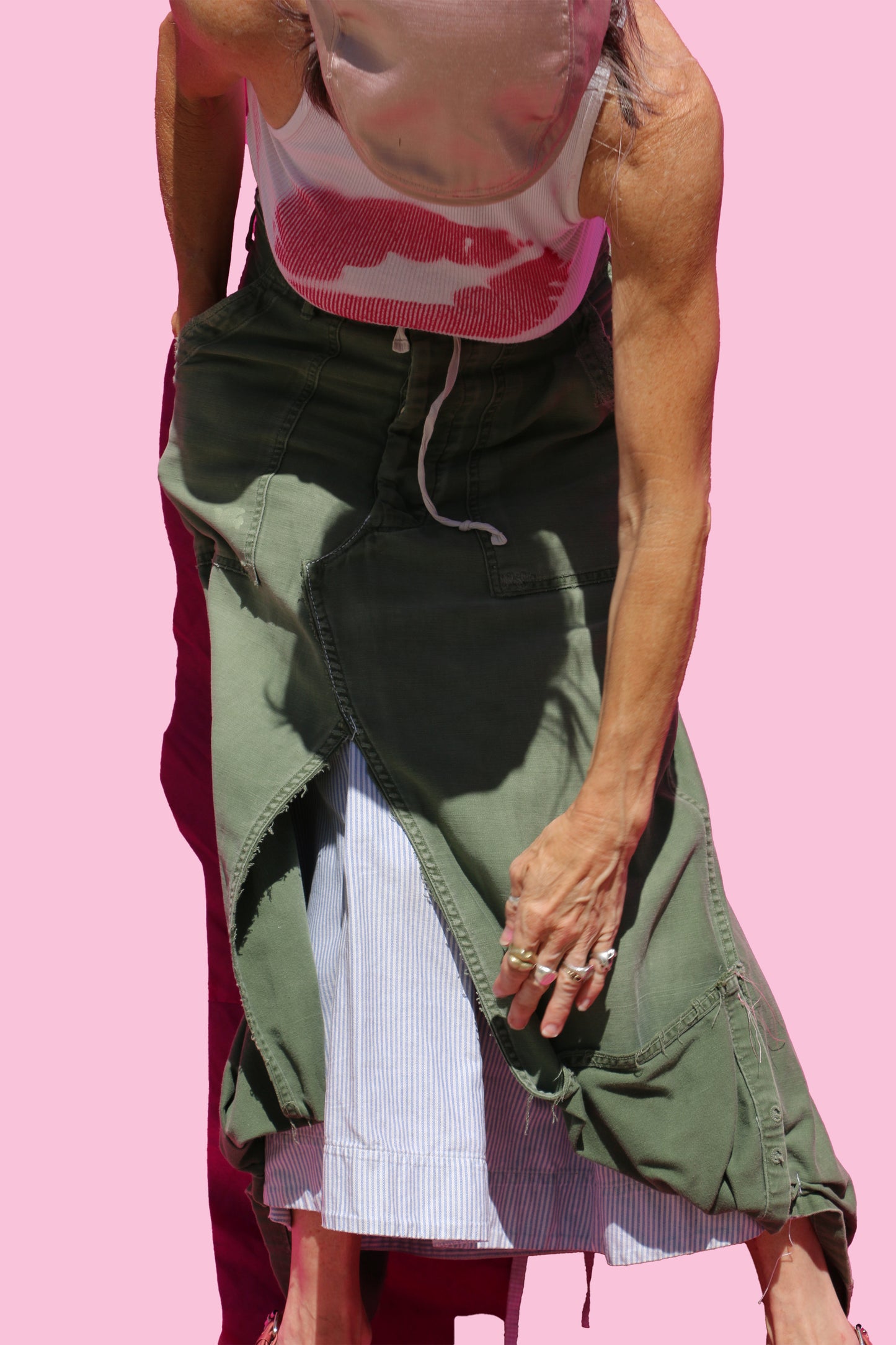 Vintage 70's Moleskin Army Pants Maxi Skirt W/Blue& White Stripe Drawstring Waist Underskirt & Handmade Pink & White Stripe Flower on Back