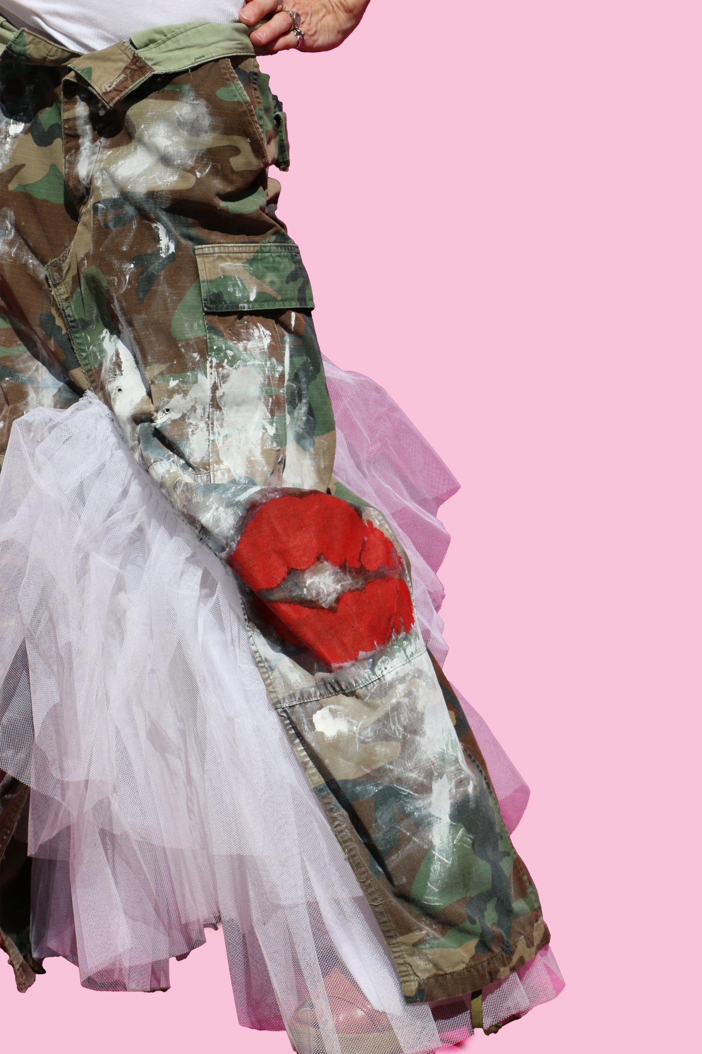 Vintage Paint Splattered Camo Pant Maxi Skirt W/Attached Tulle & Hand Painted Lips