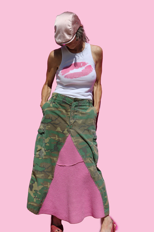 Vintage Camo Pant Maxi W/ Hot Pink Sweater Insert & Back Bow