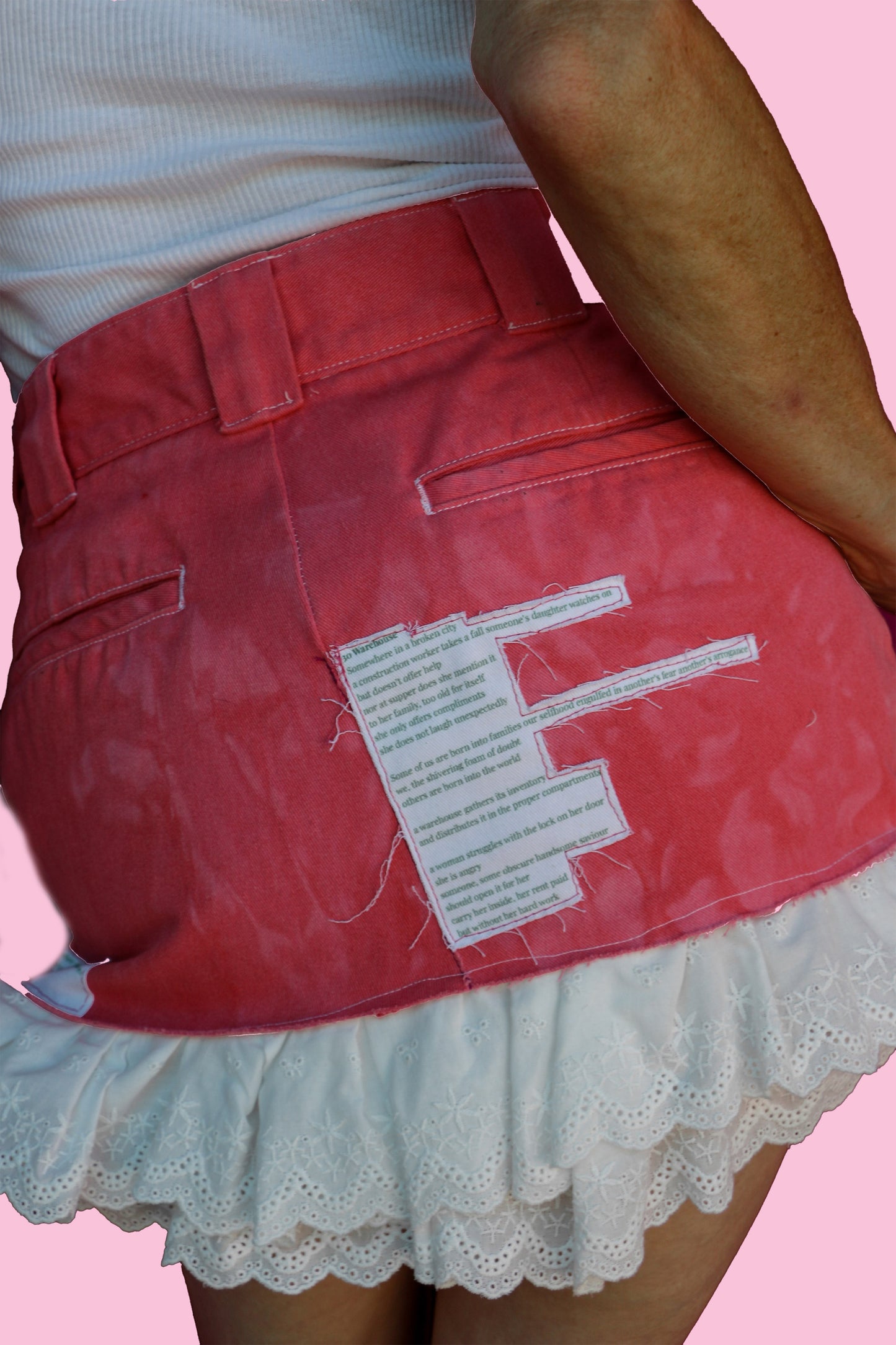 #59 It Doesn't Matter/#46 Some Silence/#30 Warehouse Hand-dyed Coral Pink Miniskirt W/White Eyelet Ruffles