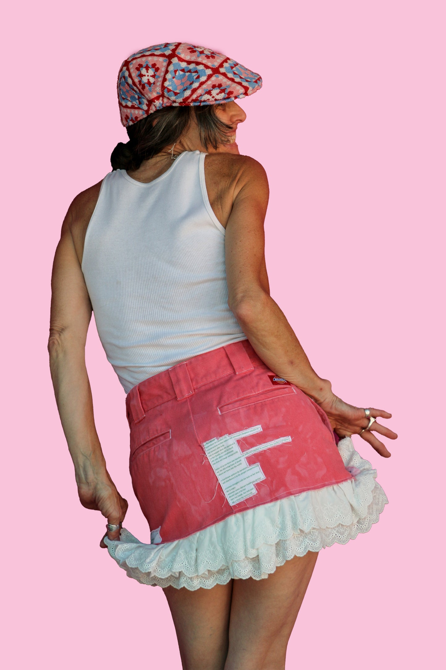 #59 It Doesn't Matter/#46 Some Silence/#30 Warehouse Hand-dyed Coral Pink Miniskirt W/White Eyelet Ruffles