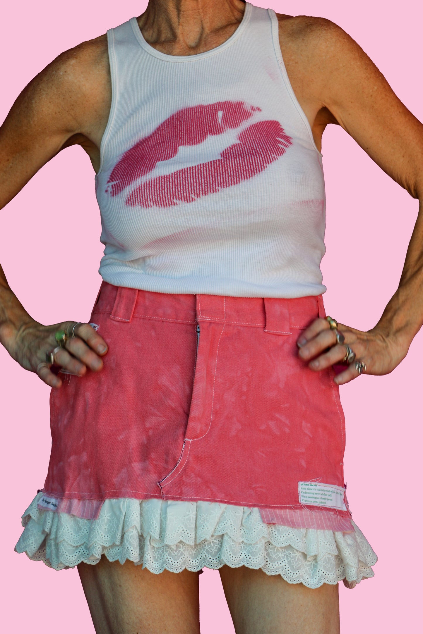 #59 It Doesn't Matter/#46 Some Silence/#30 Warehouse Hand-dyed Coral Pink Miniskirt W/White Eyelet Ruffles