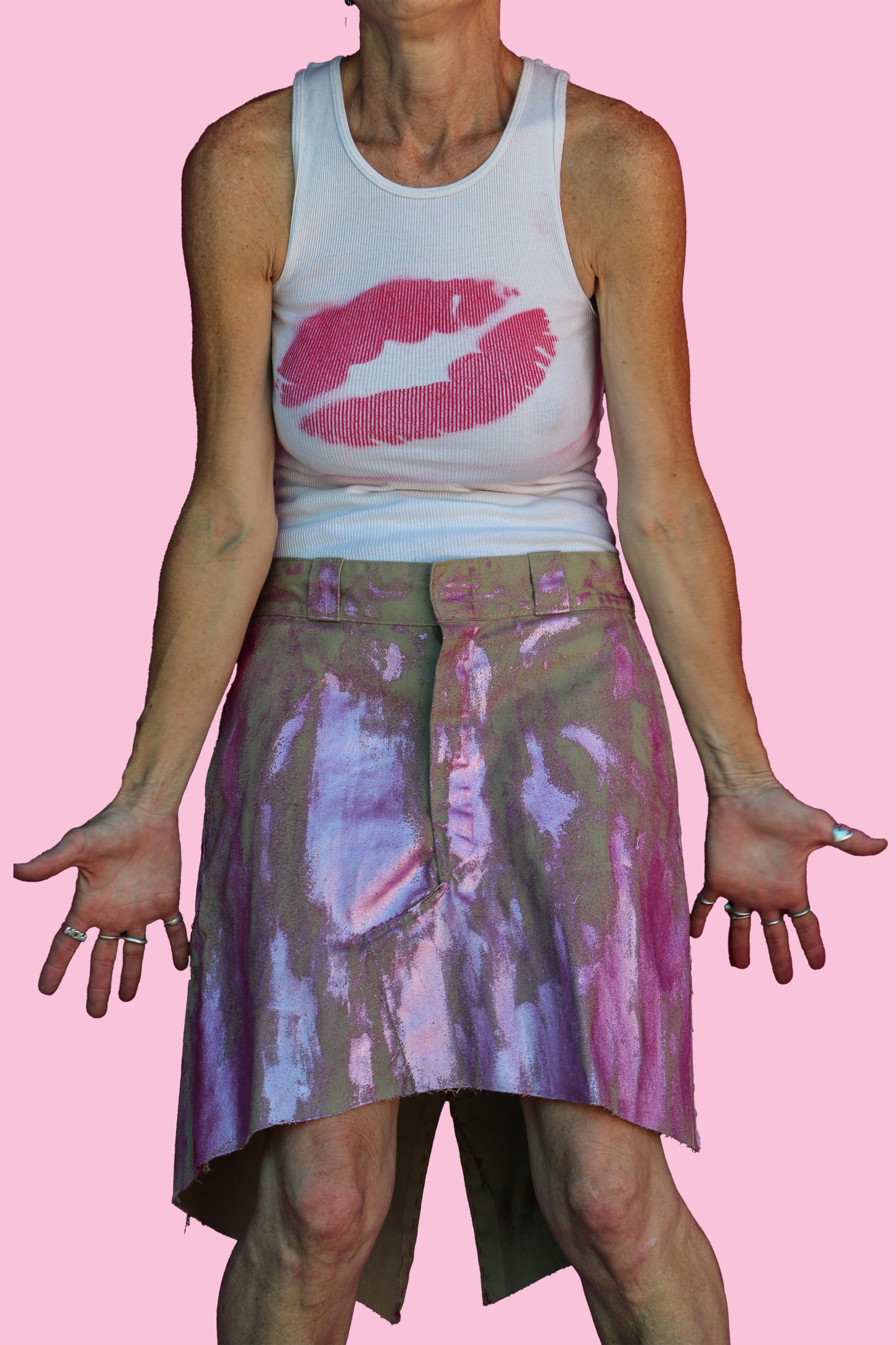 #45 Pictures/#63 Grandfather Tan Angled Knee-Length Skirt Covered in Pink Metallic Paint W/Giant Pink Leather Lip Patch