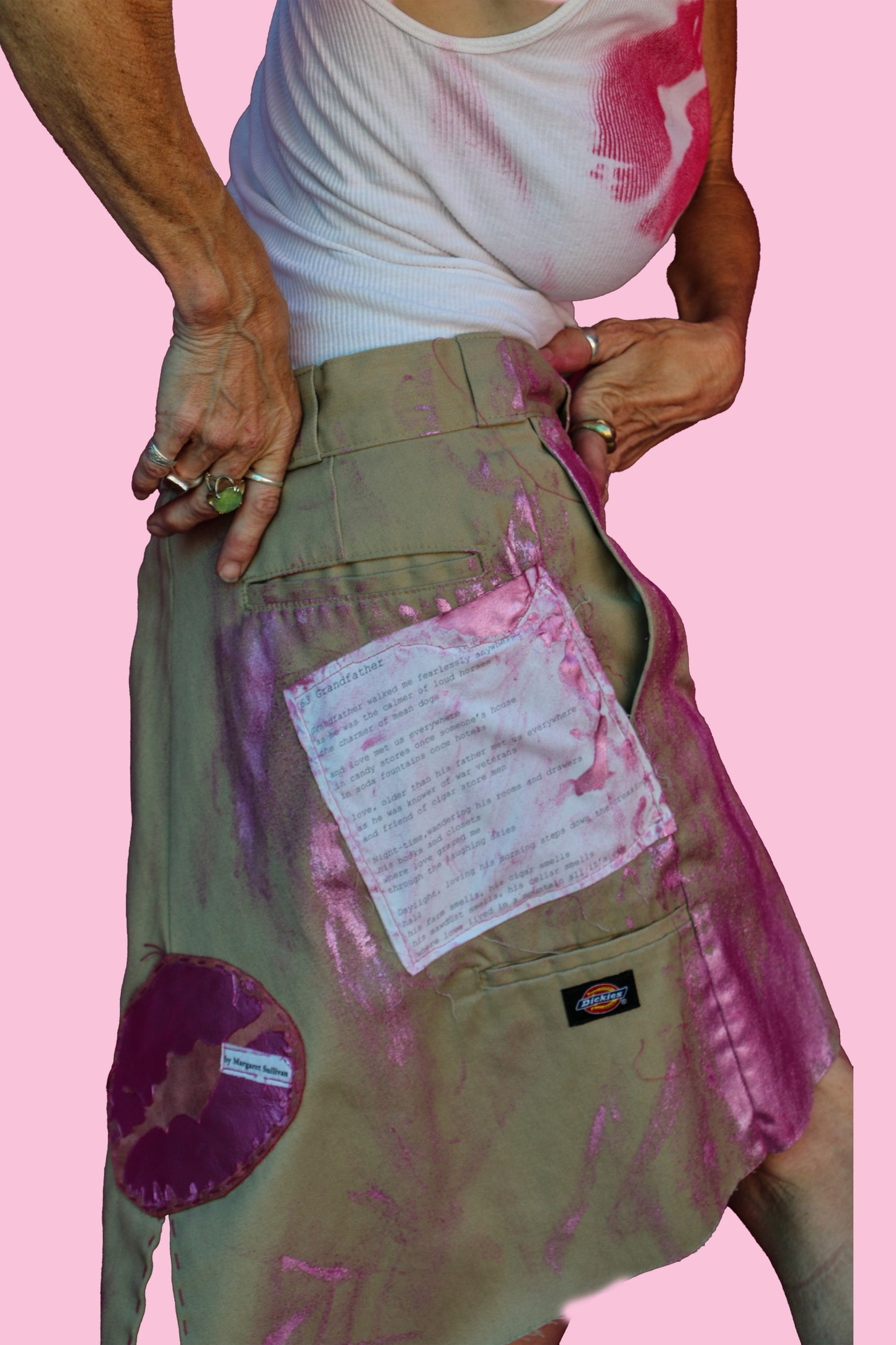 #45 Pictures/#63 Grandfather Tan Angled Knee-Length Skirt Covered in Pink Metallic Paint W/Giant Pink Leather Lip Patch