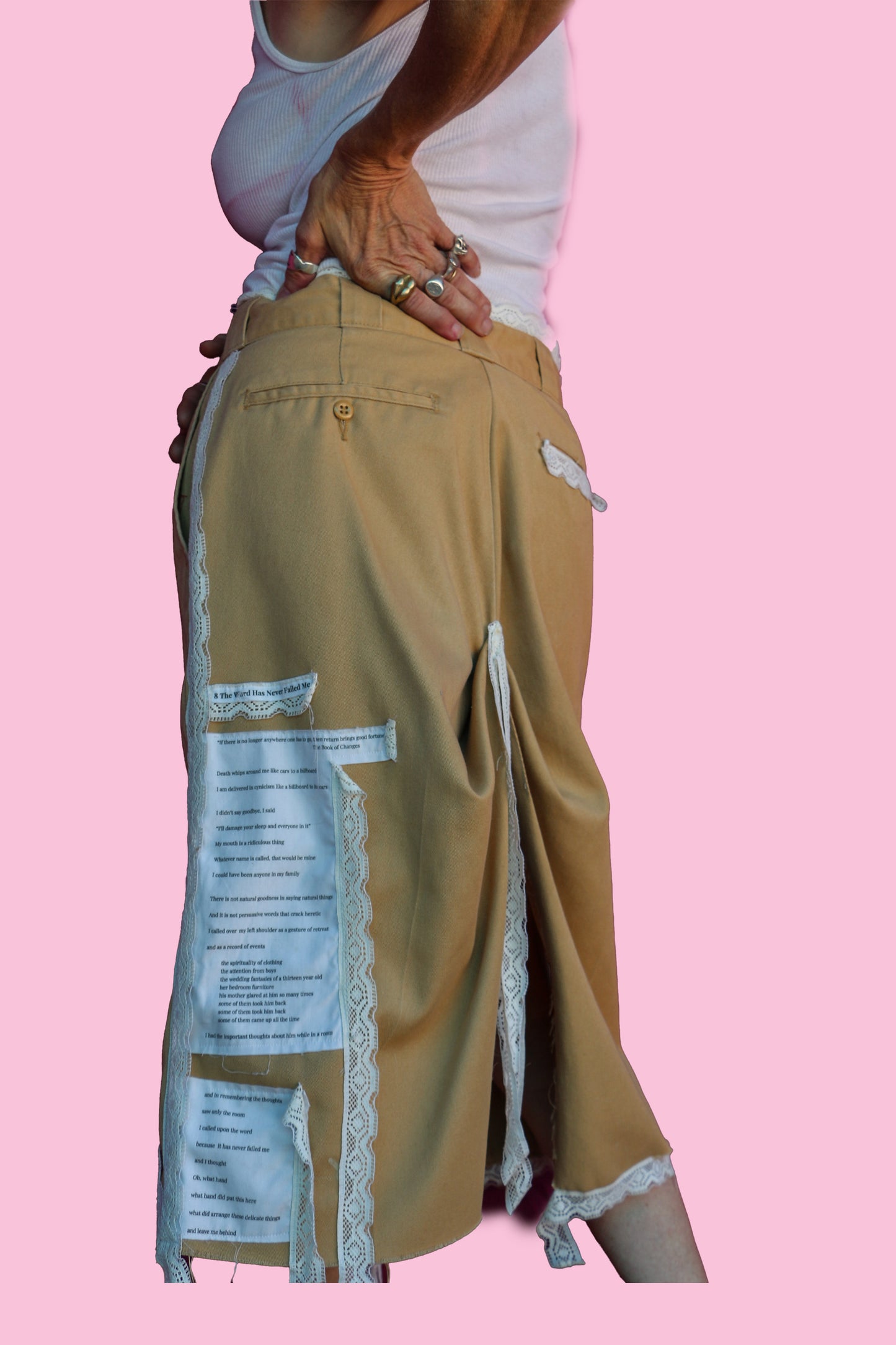 #22 Homes and Libraries/#8 The Word Has Never Failed Me Camel Midi-length Skirt W/Vintage Cotton Lace Details