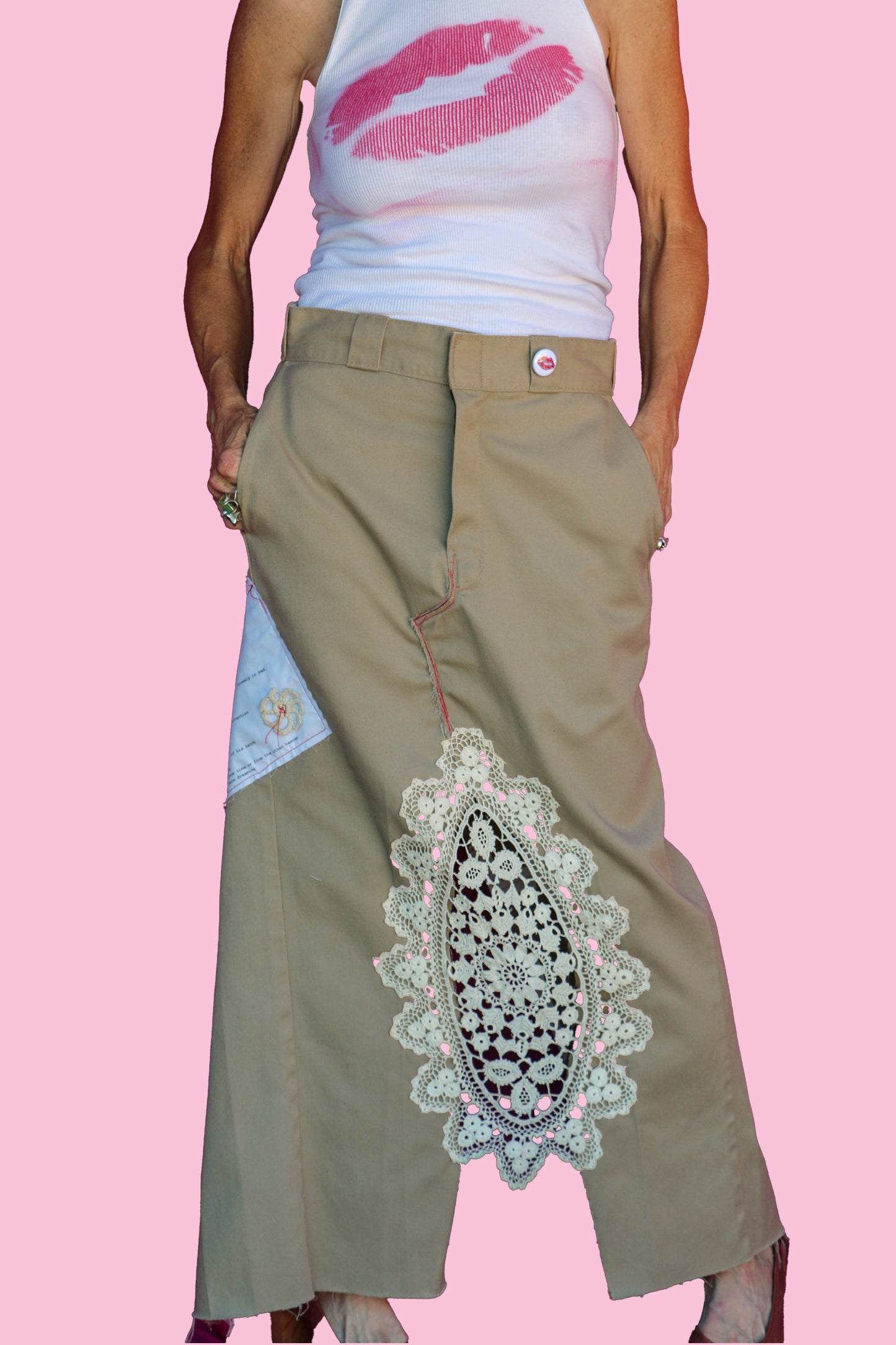 #20 The Other Heaven/#26 The Picture Tan Maxi Skirt W/Crochet Lace Inset & Flowers