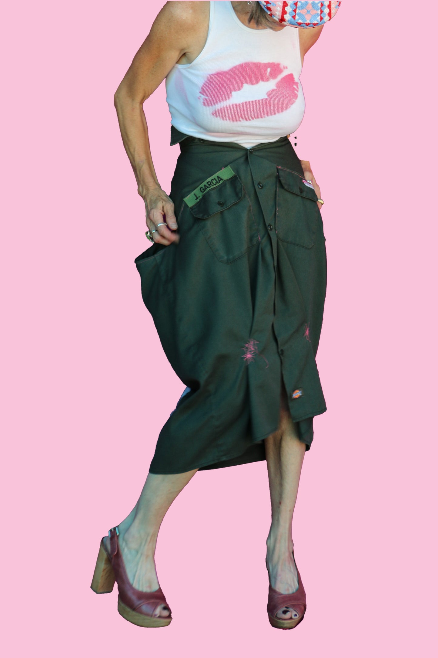 #1 Mean Dogs Army Green Work Shirt Converted into Knee-Length Skirt W/Pink Overstitching