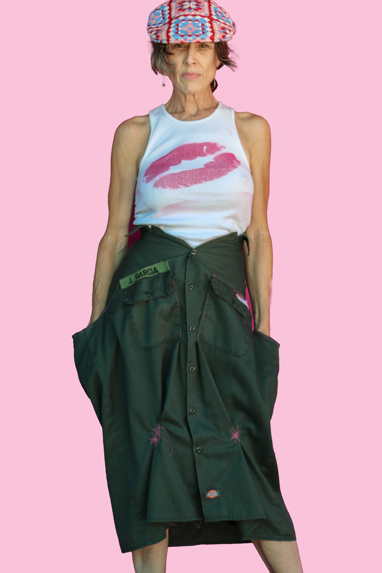 #1 Mean Dogs Army Green Work Shirt Converted into Knee-Length Skirt W/Pink Overstitching