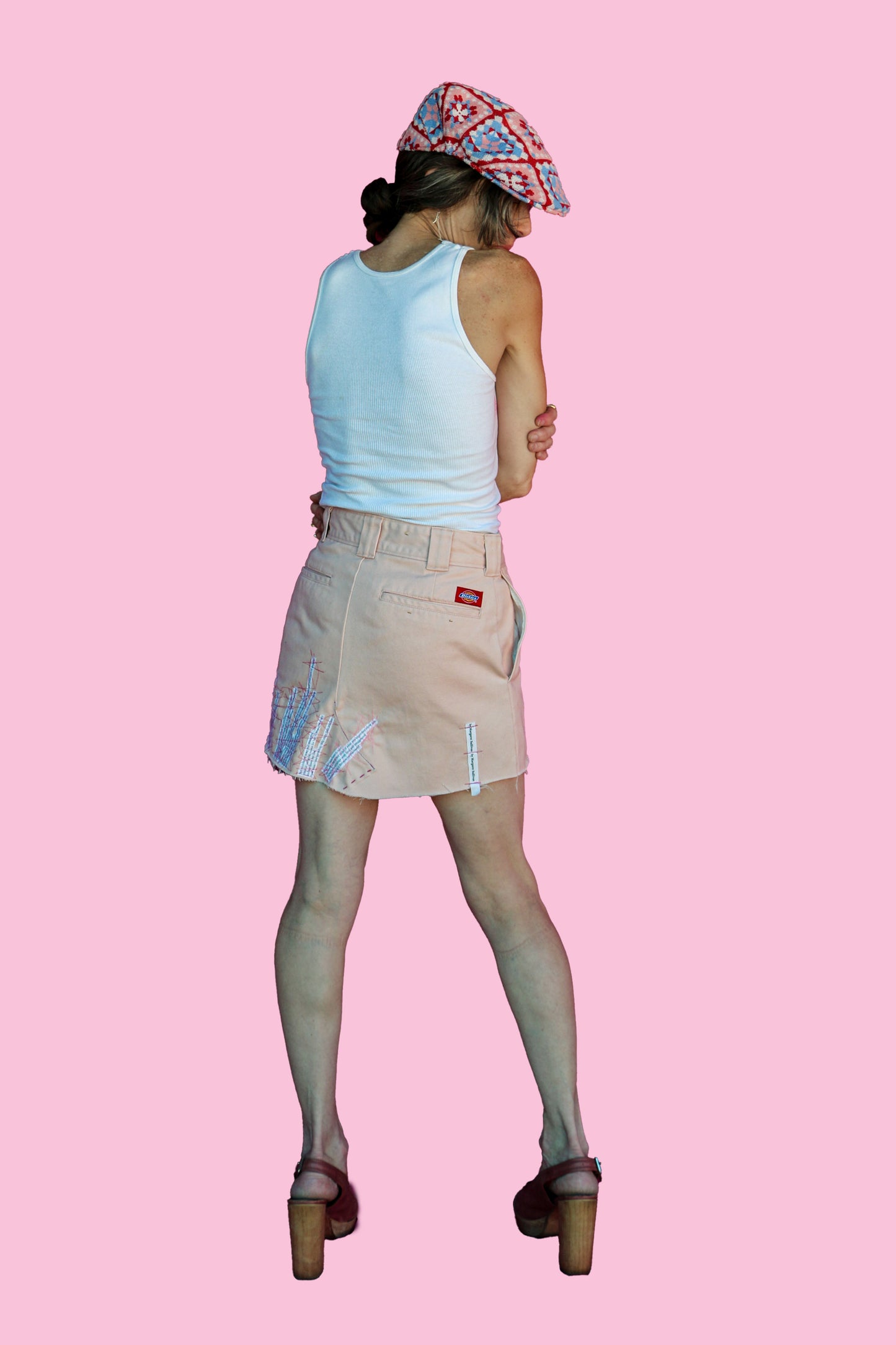 #25 The Woman as a Record of the Girl/#41 The Girl Wandered Unprotected Blush Pink Miniskirt W/Hand-painted Lips Patch