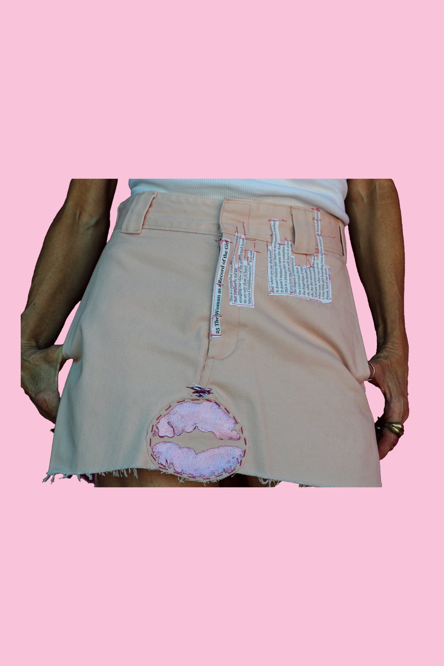 #25 The Woman as a Record of the Girl/#41 The Girl Wandered Unprotected Blush Pink Miniskirt W/Hand-painted Lips Patch