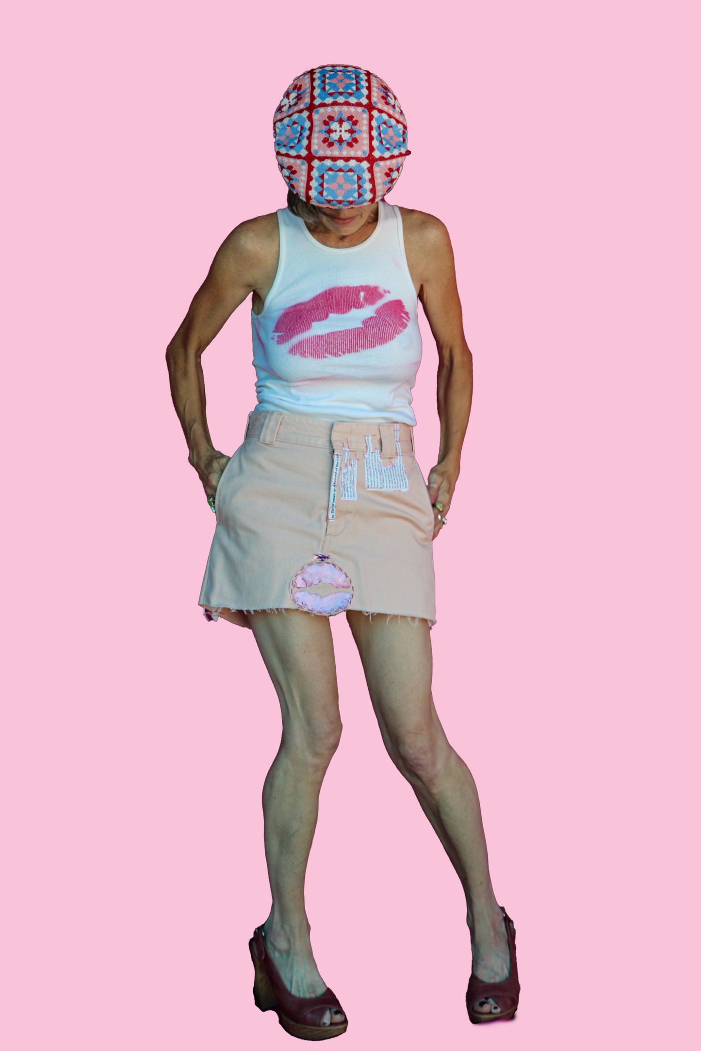 #25 The Woman as a Record of the Girl/#41 The Girl Wandered Unprotected Blush Pink Miniskirt W/Hand-painted Lips Patch