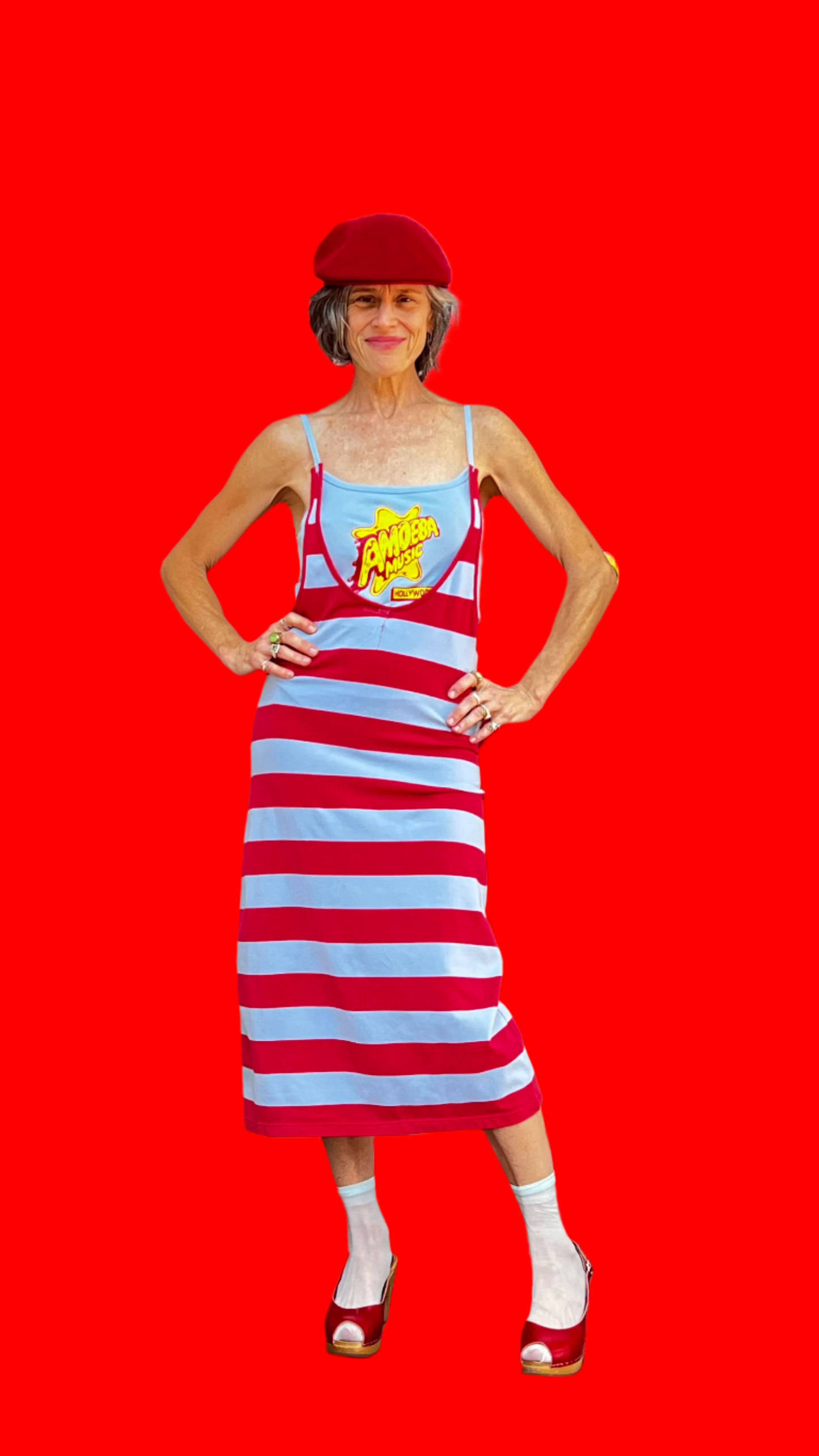 Amoeba Blue/Red Stripe, Formfitting Stretch, Suspender, Midi-Length, Tank Dress W/Handmade Puffy Amoeba Flower