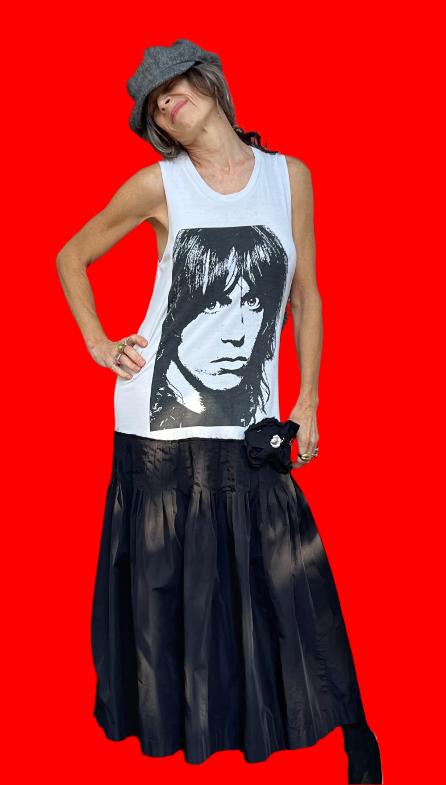 Iggy Pop White, Sleeveless, Dropwaist, Black Taffeta Midi-Length Dress W/Handmade Taffeta Flower