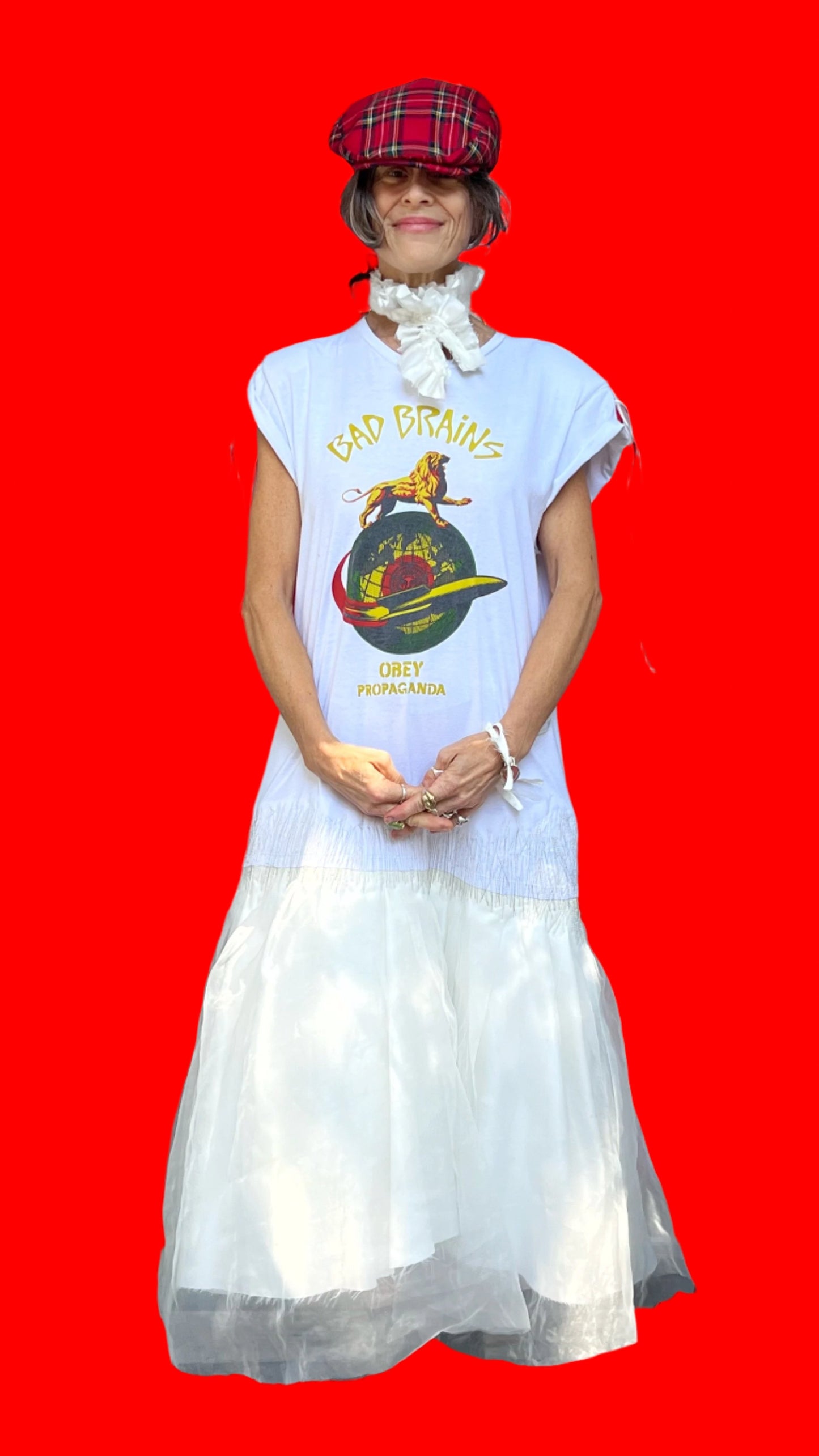 Bad Brains & OBEY Collab White Voile W/Crinoline, Massive Metallic Overstitched Short-Sleeve, Dropwaist, Midi-Length Dress W/Dress Scraps Shoulder Ties