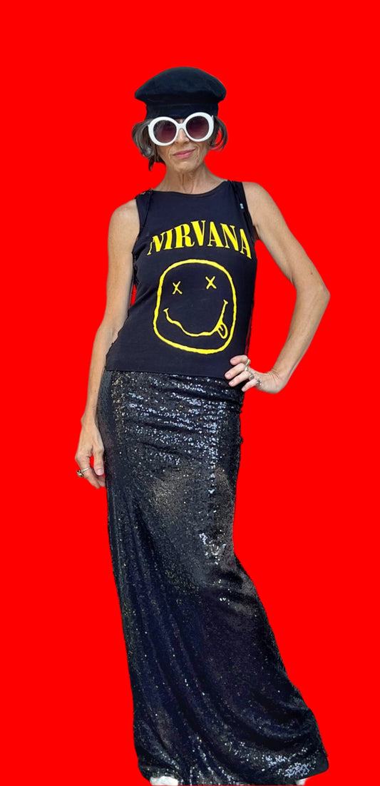 Nirvana Black, Sequined Back, Form-Fitting Sequined Maxi Dress W/Dress Shoulder Tieback & Sequin Shoulder Ties