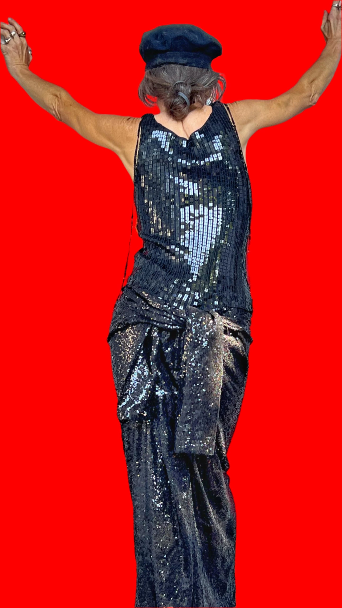 Nirvana Black, Sequined Back, Form-Fitting Sequined Maxi Dress W/Dress Shoulder Tieback & Sequin Shoulder Ties