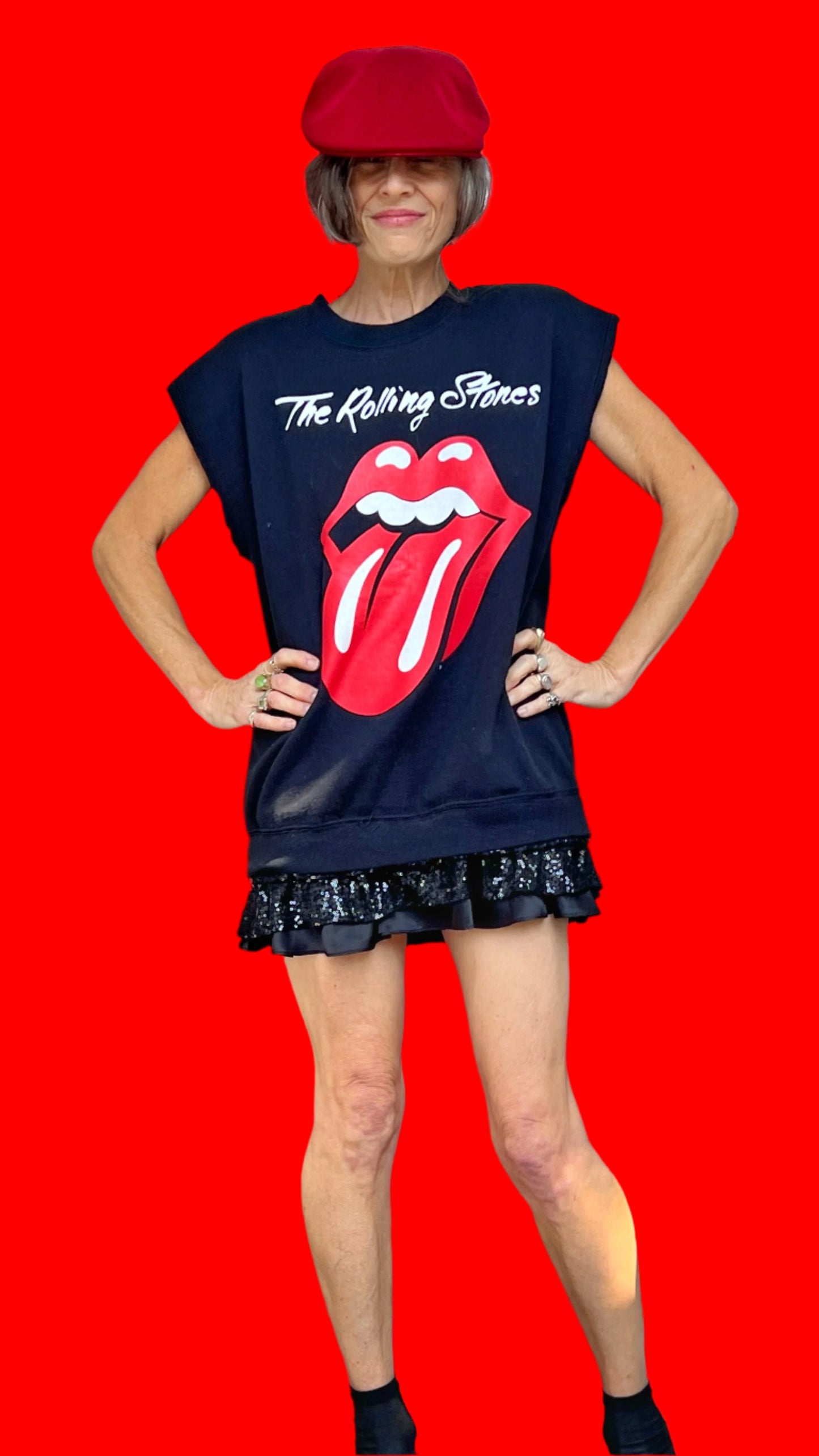 Rolling Stones Black Short-Sleeve Sweatshirt Flouncy Sequin Minidress