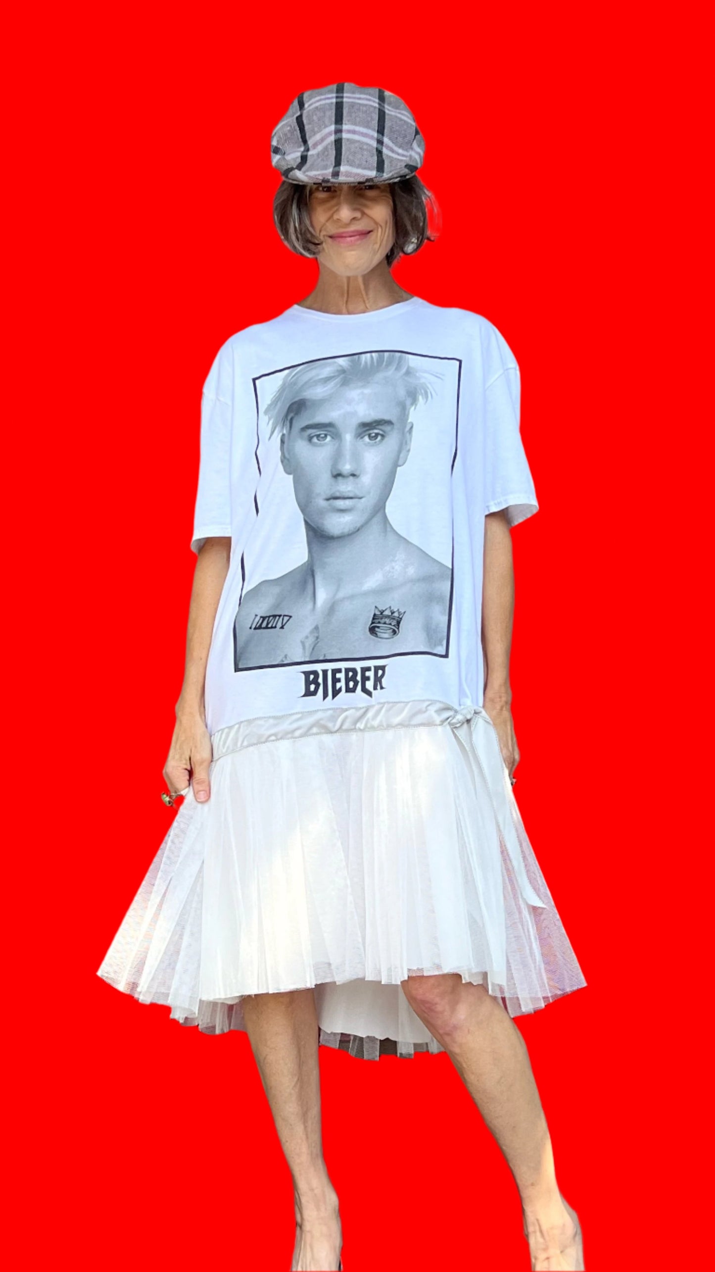 Justin Bieber White Short-Sleeve, Dropwaist, Knee-Length Stiff Tulle Dress W/Grey Velvet Bow Hip Trim