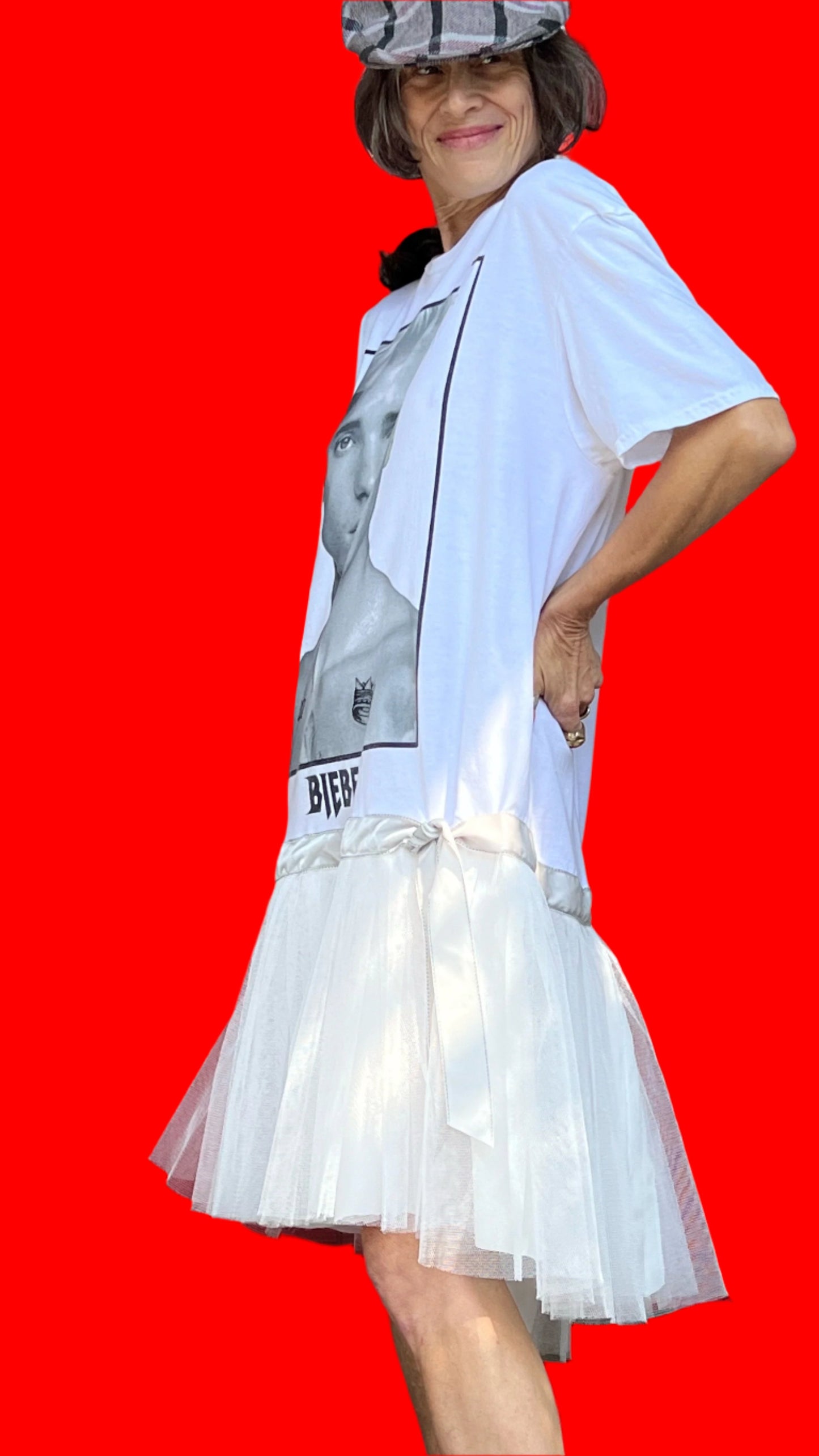 Justin Bieber White Short-Sleeve, Dropwaist, Knee-Length Stiff Tulle Dress W/Grey Velvet Bow Hip Trim