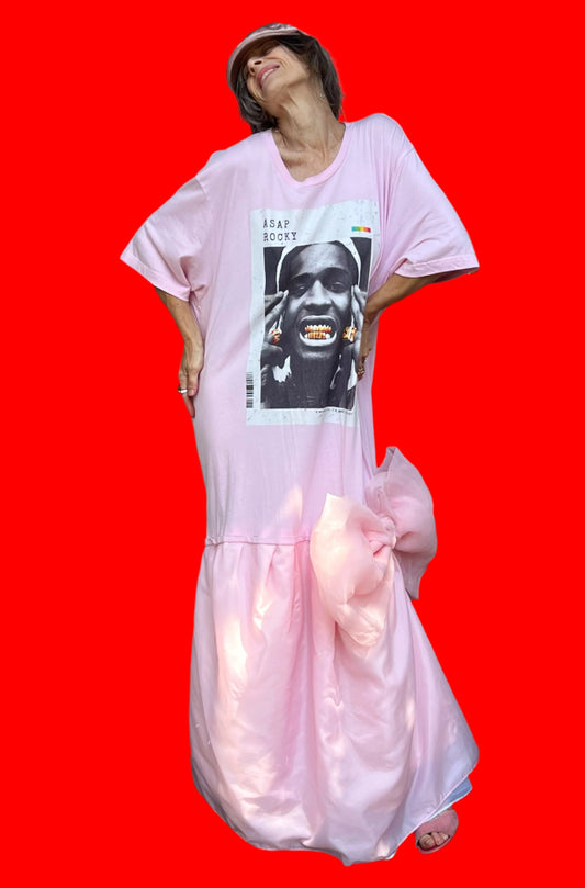 A$AP Rocky Pink Short-Sleeve, Super-Dropwaist Layered Party Skirt Maxi Dress