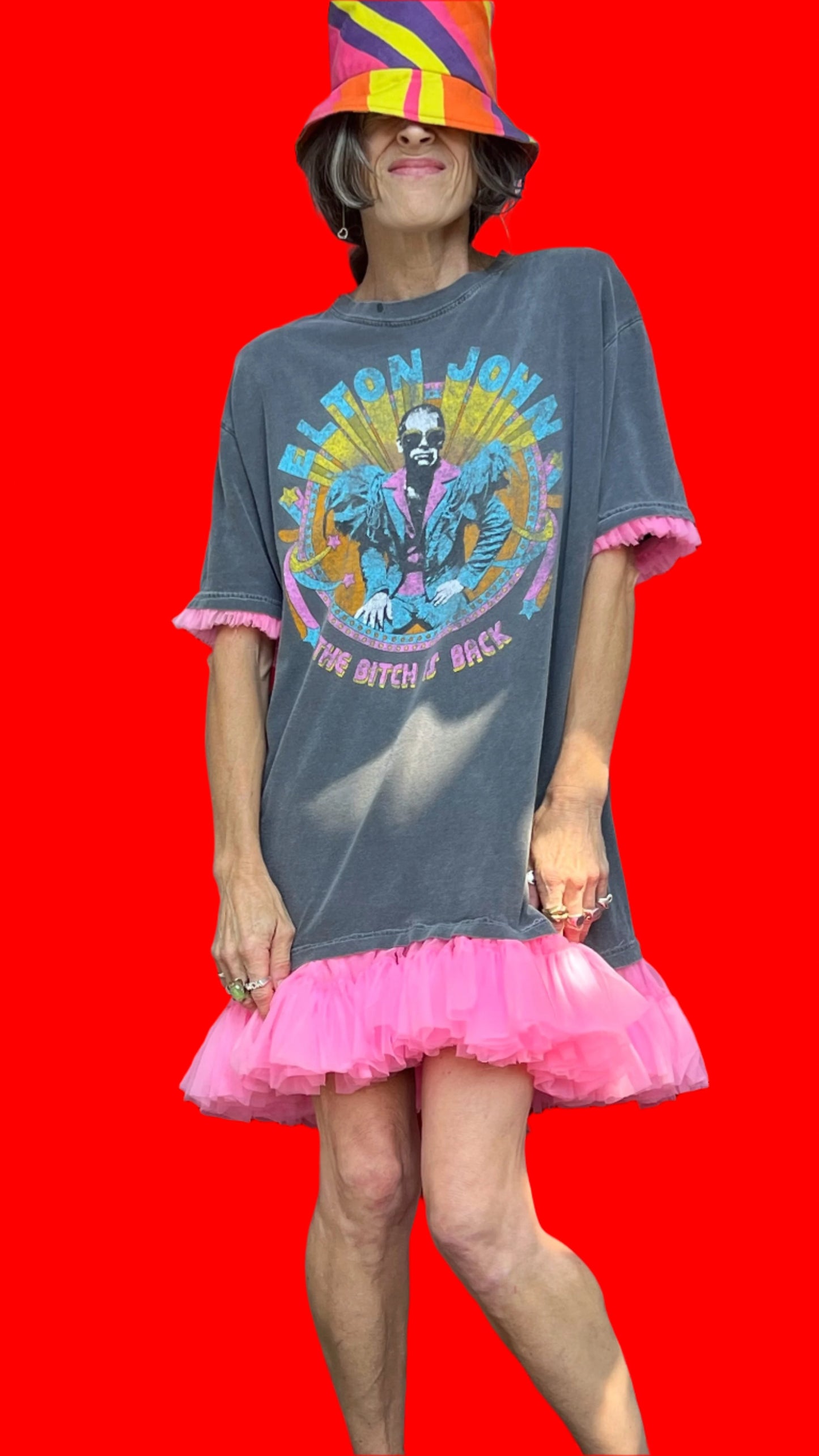 Elton John Faded Grey, Short-Sleeve, Hot Pink Tulle Ruffle Minidress W/Ruffle Trim Sleeves