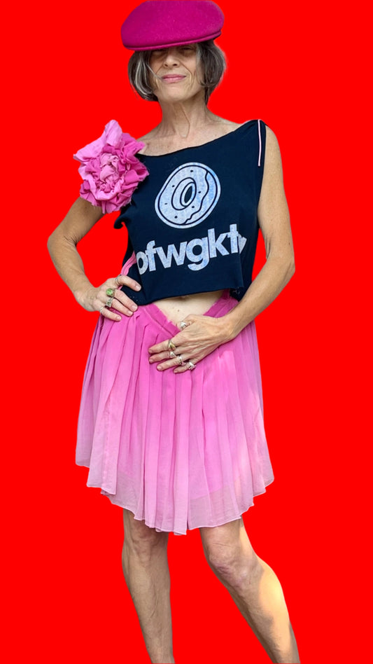 OFWGKTA/Odd Future Wolf Gang Kill Them All Navy & Pink Sleeveless Silk Pleated Minidress