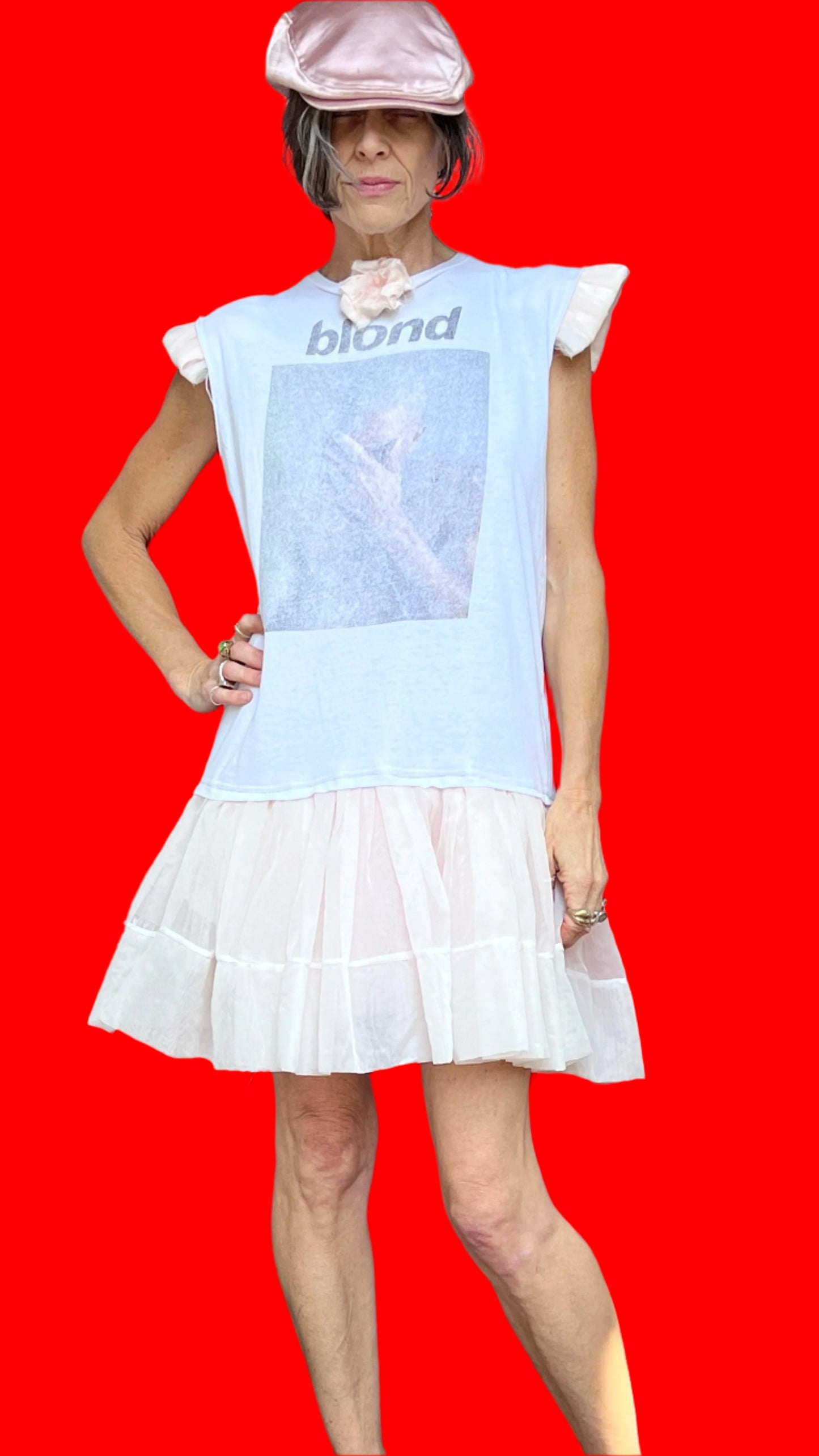 Frank Ocean Blonde White/Blush Pink Voile, Pleated Sleeveless Minidress W/Matching Pleated Cap Sleeves & Handmade Flower