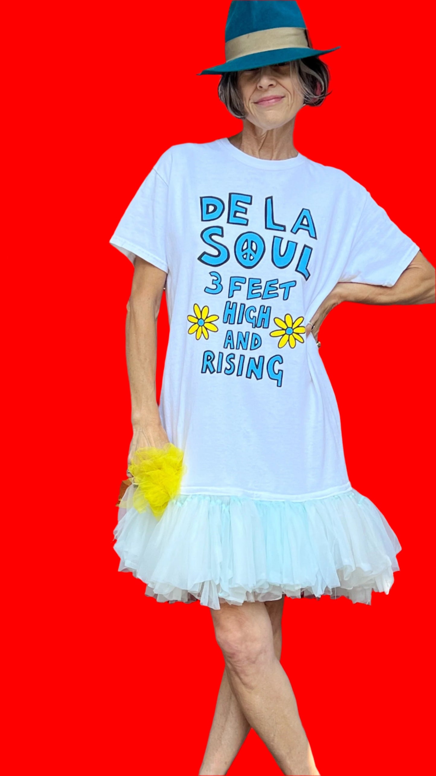 De La Soul White/Powder Blue Ruffled Slip Dropwaist Minidress W/Handmade Yellow Tulle Flower