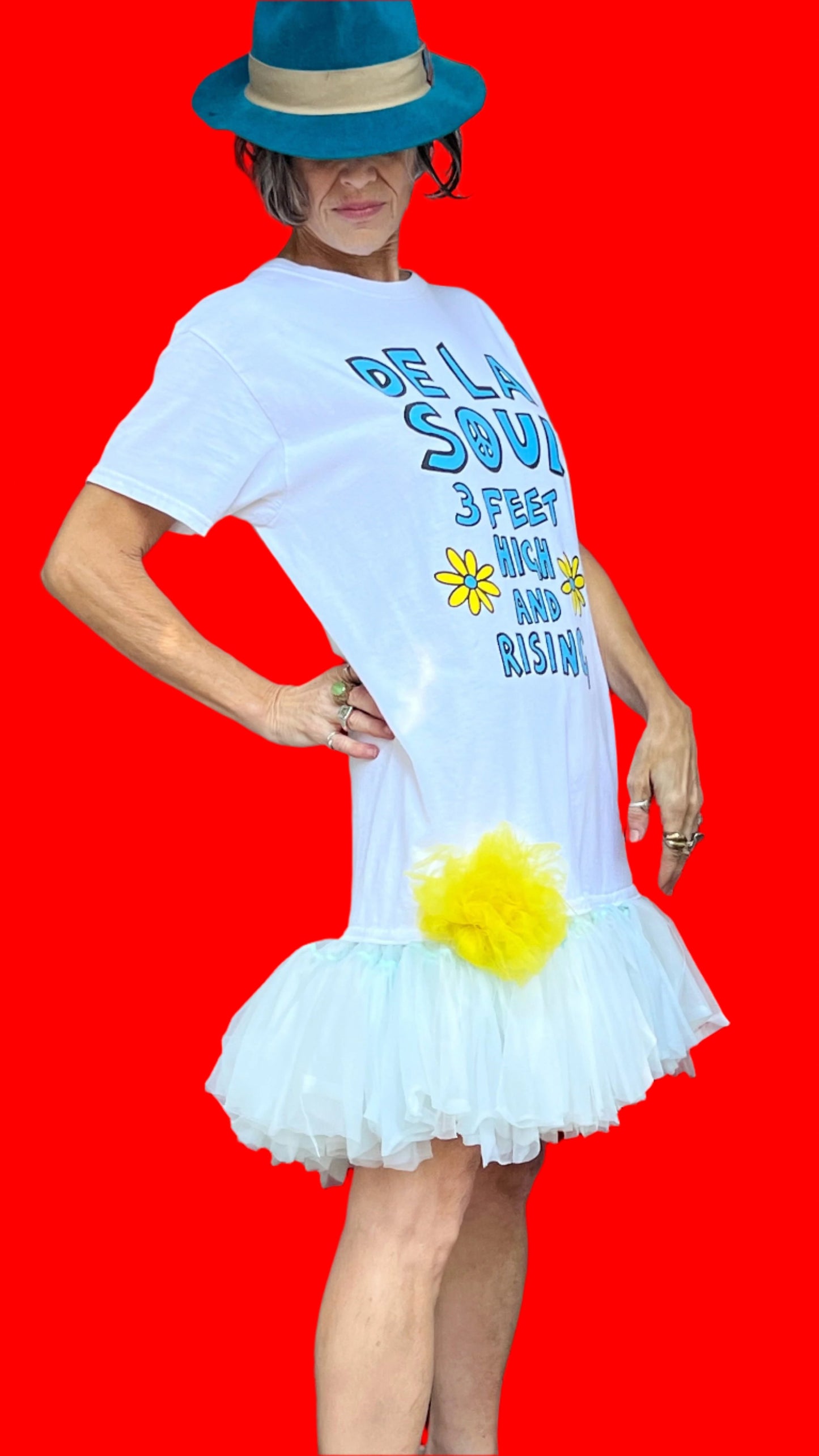 De La Soul White/Powder Blue Ruffled Slip Dropwaist Minidress W/Handmade Yellow Tulle Flower