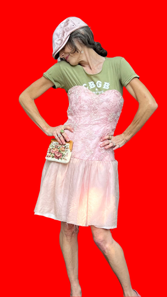 CBGB Army Green & Blush Pink Lace/Floral Appliqué, Bustier, Tie Back, Short-Sleeve Minidress W/Attached 1950's Floral Purse