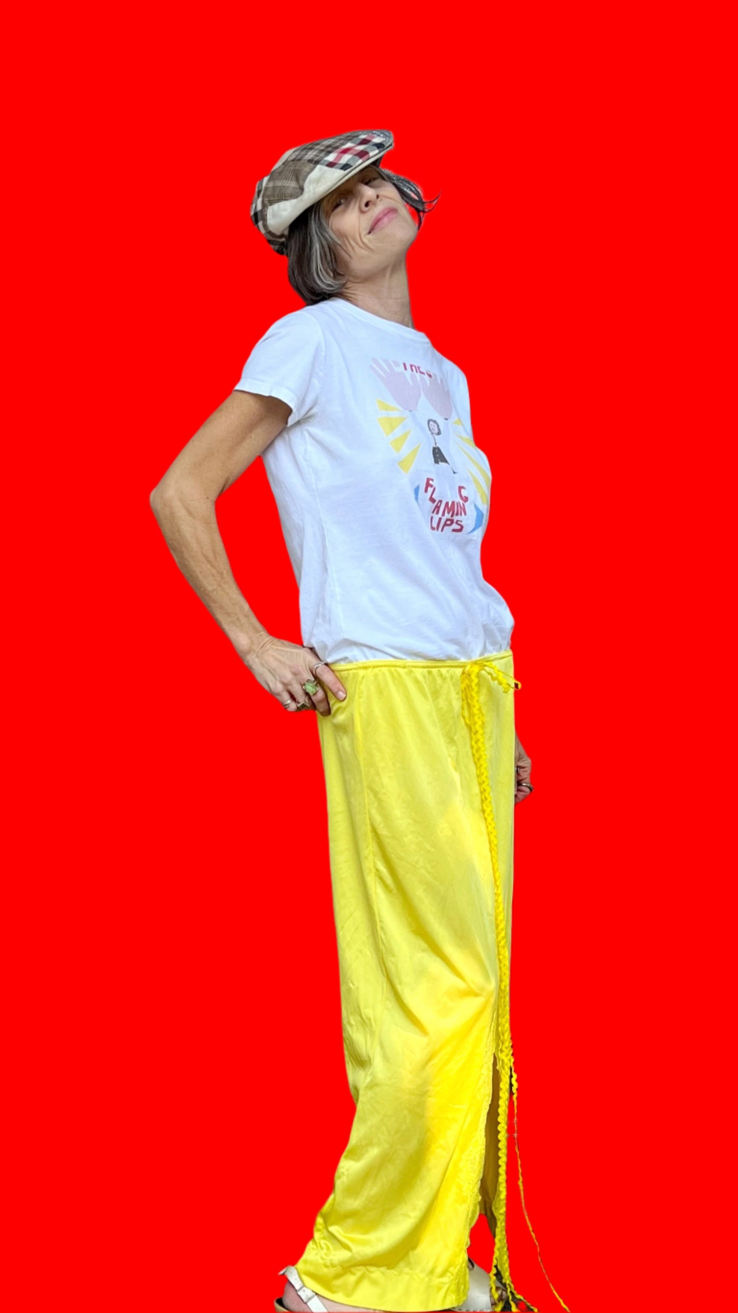 Flaming Lips Iconic Big Hands Maxi, Hand-Dyed Yellow, Short-Sleeve, Front Slit Slip Dress W/Yellow Ricrac Waist Tie