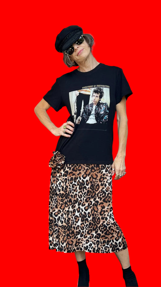 Black Bob Dylan Highway 61 Revisited Leopard Jersey Midi-Length Dress W/Gathered Flower On Hip