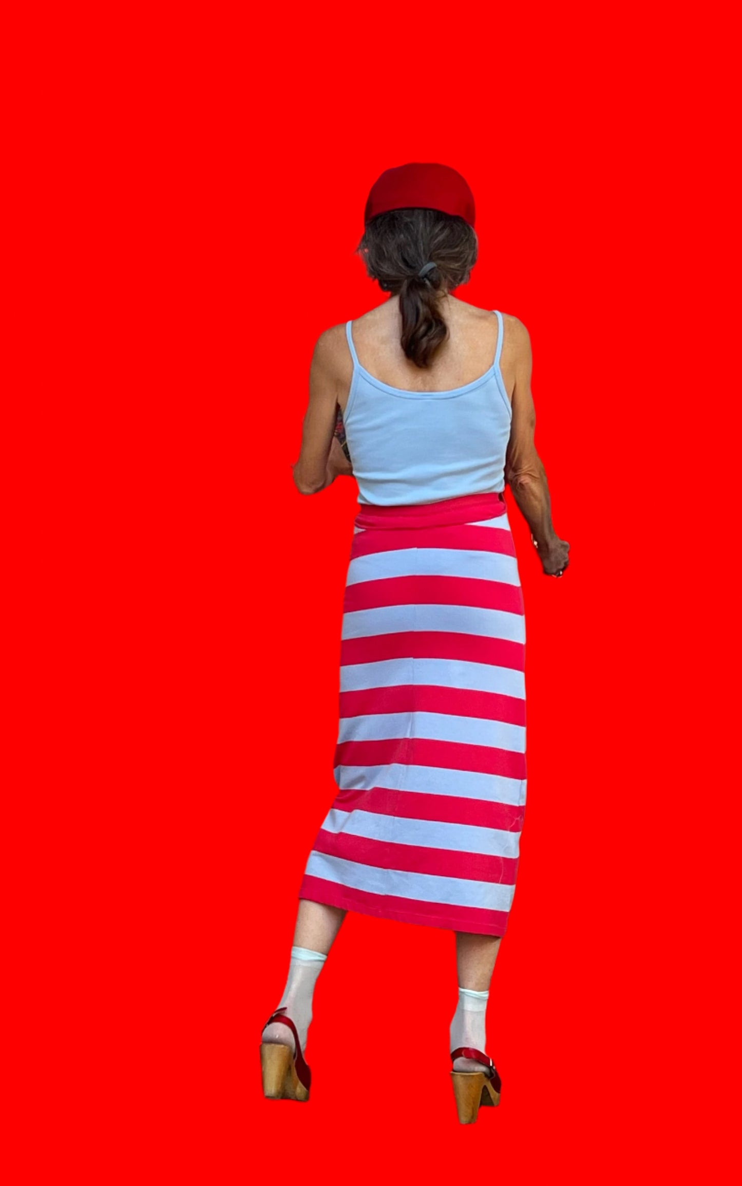 Amoeba Blue/Red Stripe, Formfitting Stretch, Suspender, Midi-Length, Tank Dress W/Handmade Puffy Amoeba Flower