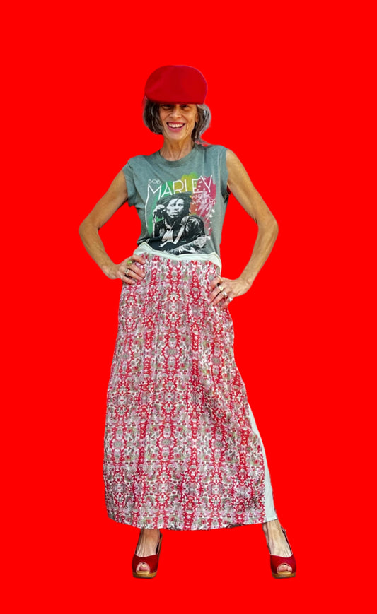 Bob Marley Green/Red, Fitted Bodice, Tissue Thin Cotton Maxi Dress W/Back Tie & 3 Little Bird Charms